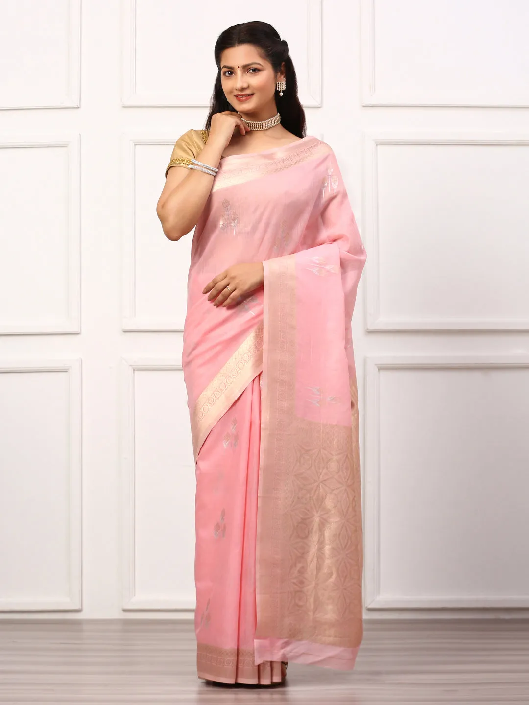 Couple Combo Half Sleeves Shirt & Weaving Saree Pink SL136