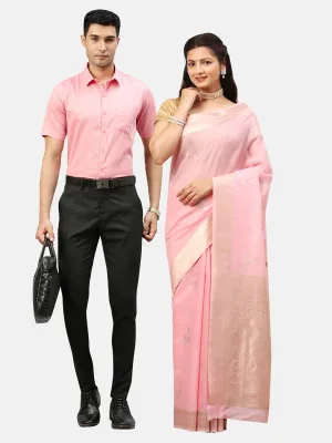 Couple Combo Half Sleeves Shirt & Weaving Saree Pink SL136