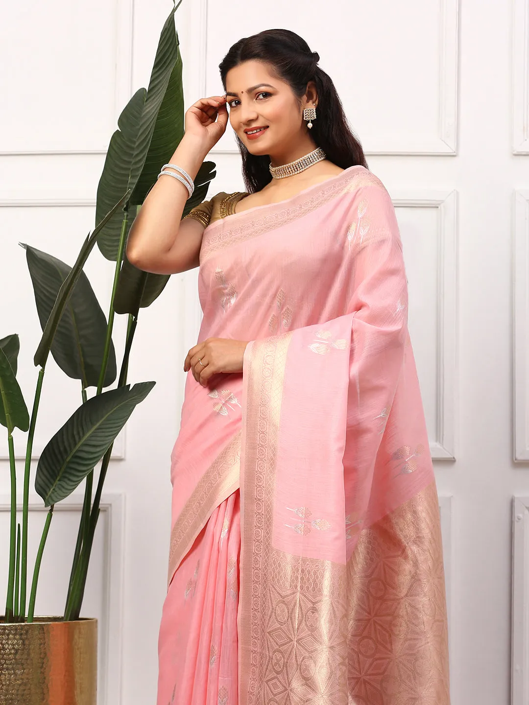 Couple Combo Half Sleeves Shirt & Weaving Saree Pink SL136