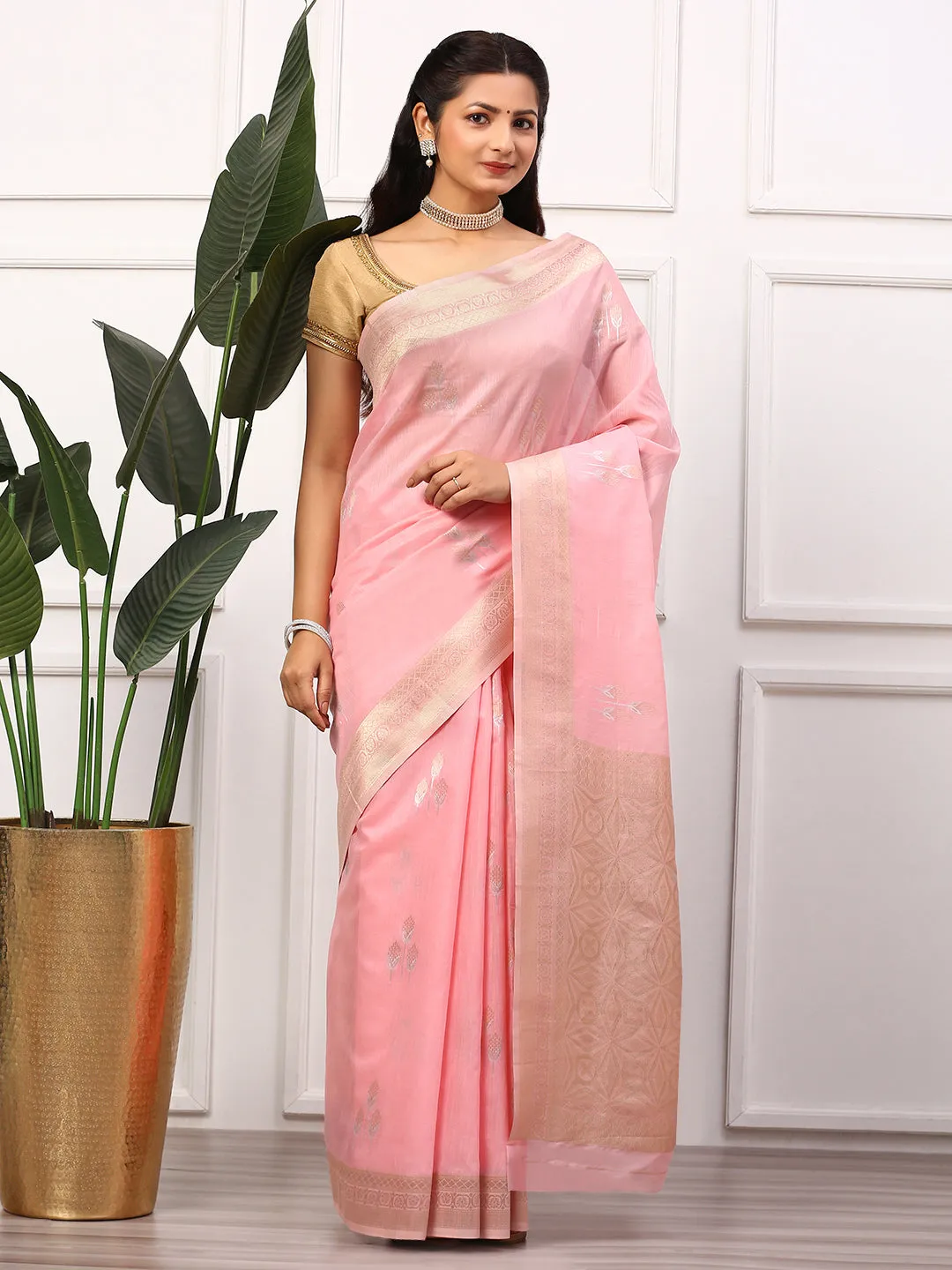 Couple Combo Half Sleeves Shirt & Weaving Saree Pink SL136