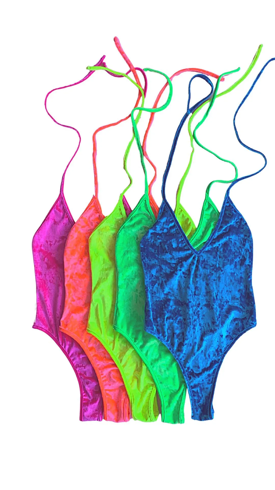 Crushed Velvet High Cut Halter Bodysuit in Turquoise