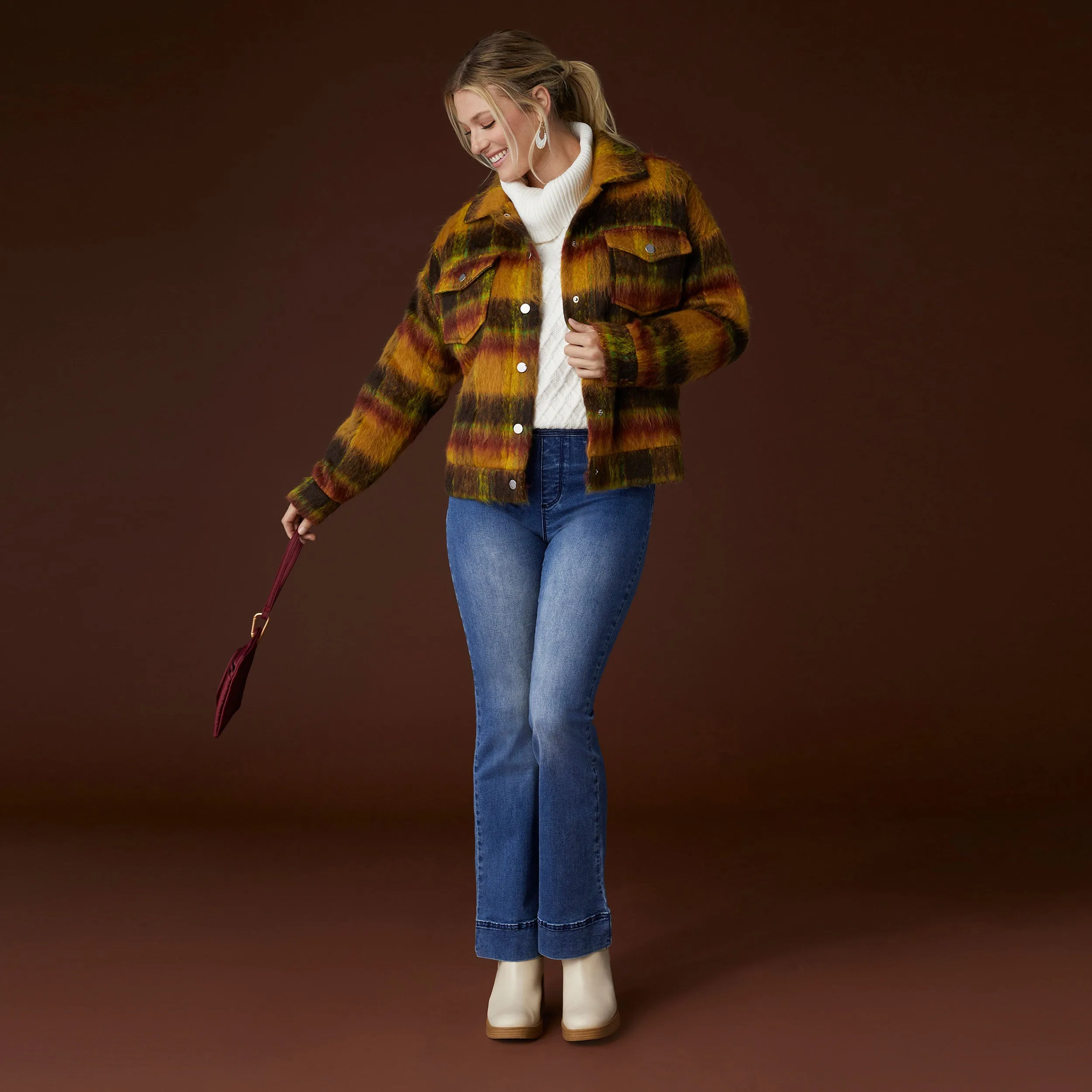 Darcey Space Dye Front Snap Shacket - Mustard/Rust