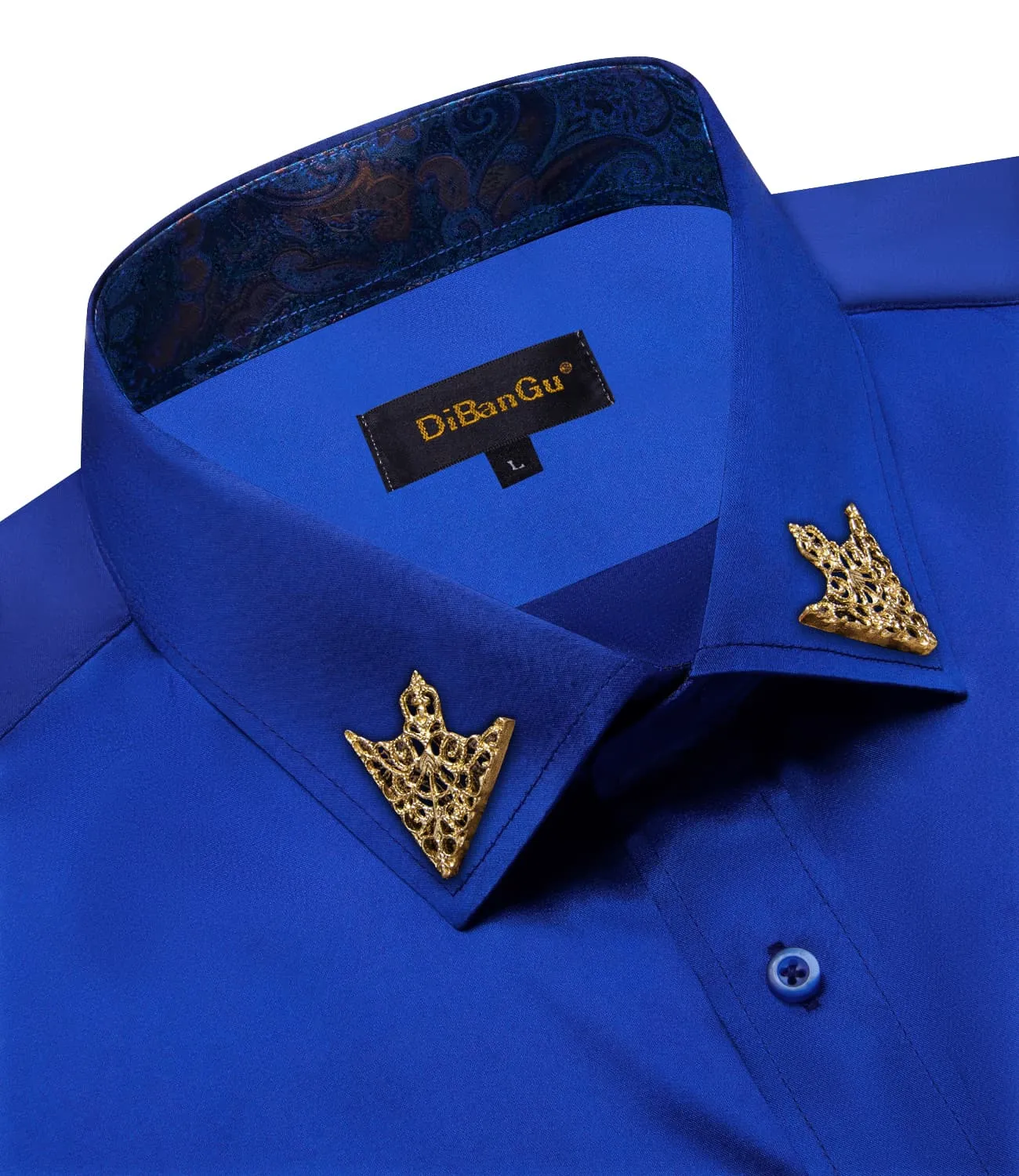 DiBanGu Collar Shirt Cerulean Blue Satin Splicing Solid Button Down Mens Shirt Design