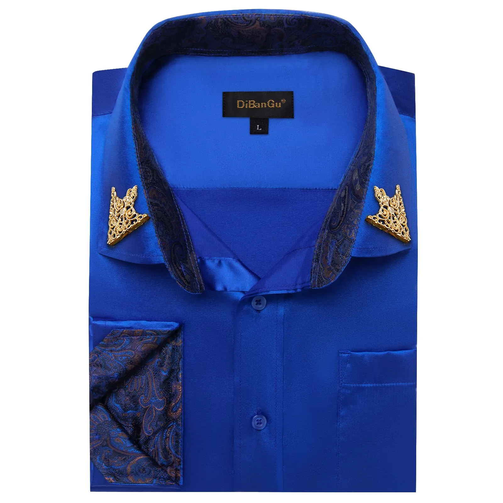 DiBanGu Collar Shirt Cerulean Blue Satin Splicing Solid Button Down Mens Shirt Design