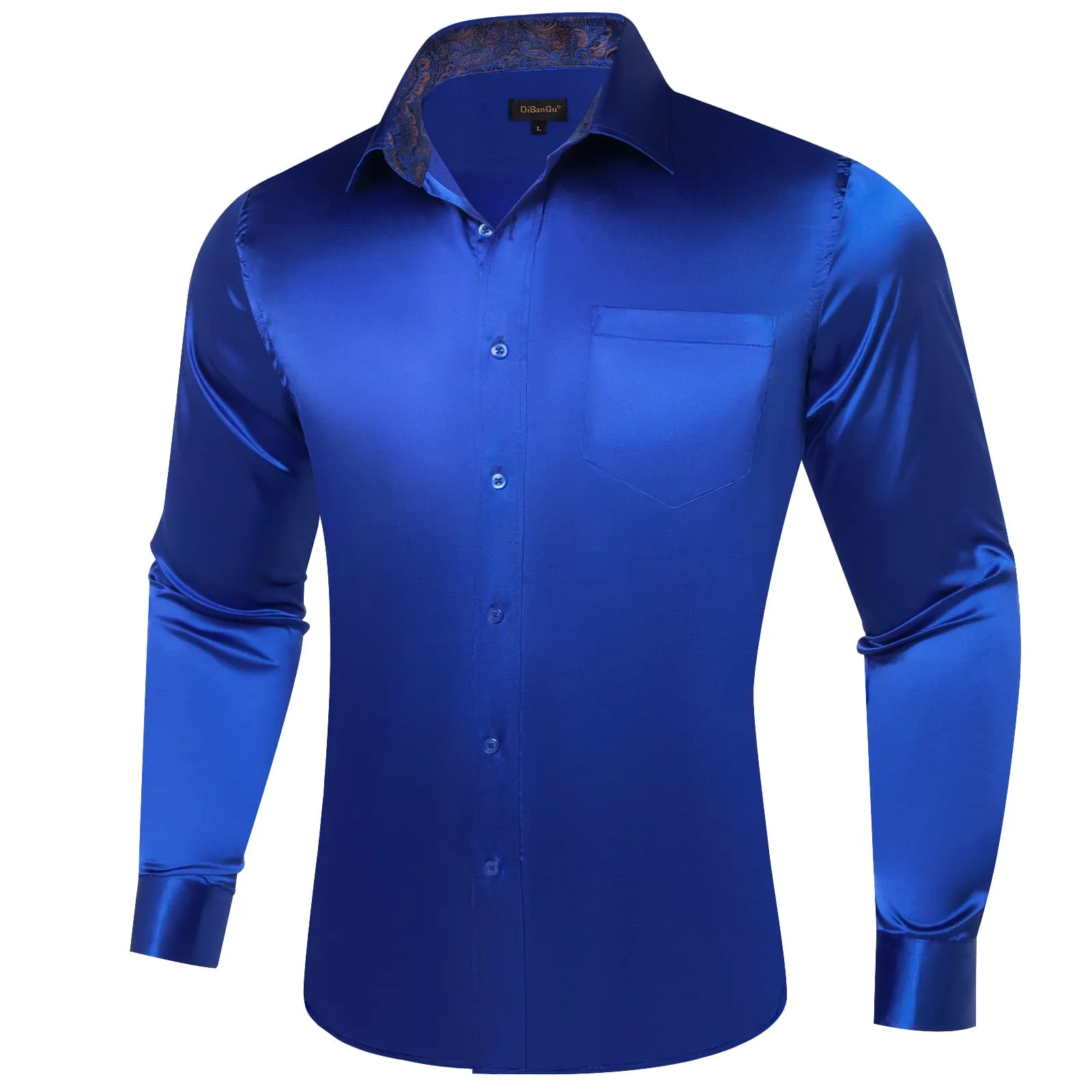 DiBanGu Collar Shirt Cerulean Blue Satin Splicing Solid Button Down Mens Shirt Design