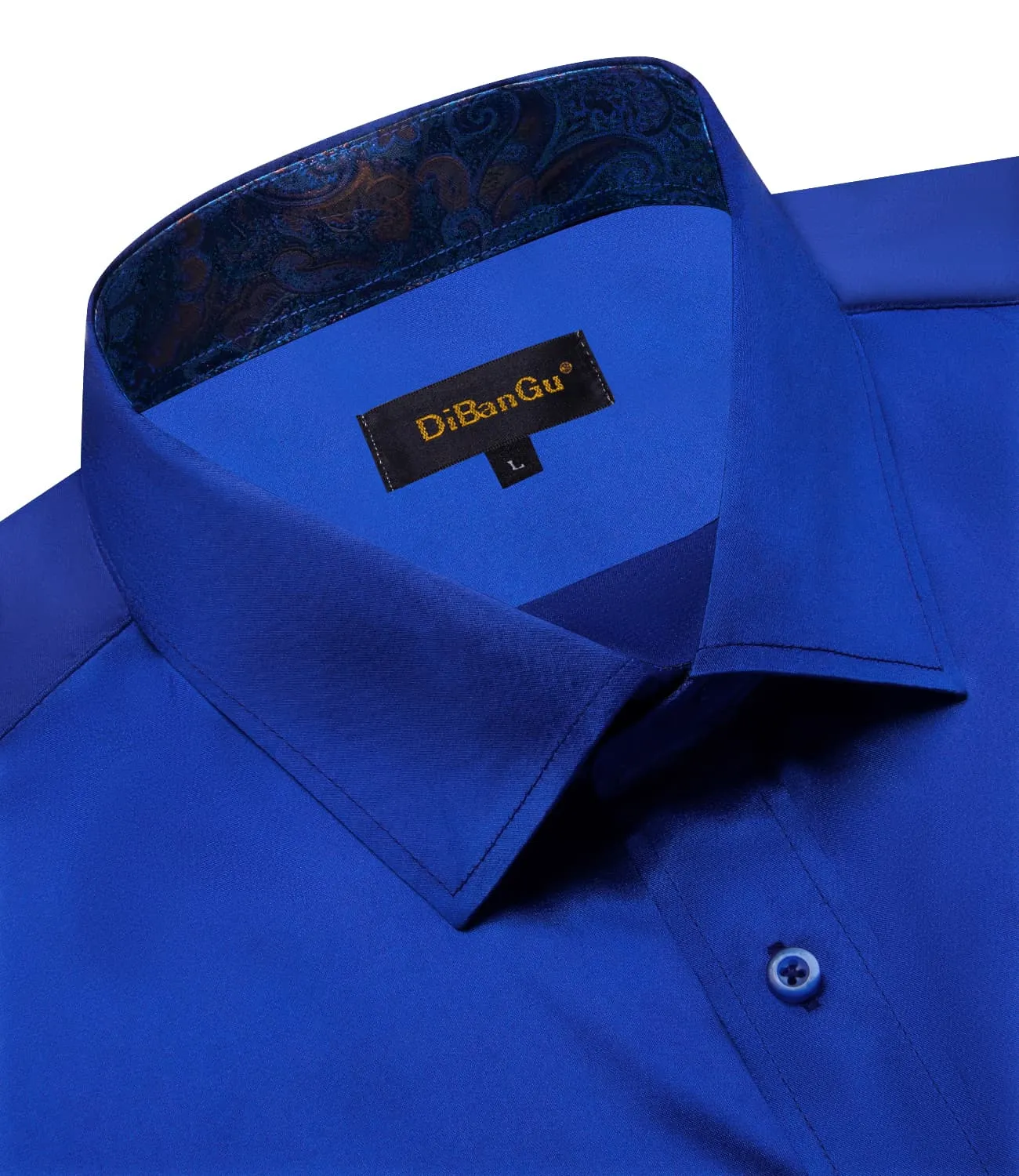 DiBanGu Collar Shirt Cerulean Blue Satin Splicing Solid Button Down Mens Shirt Design