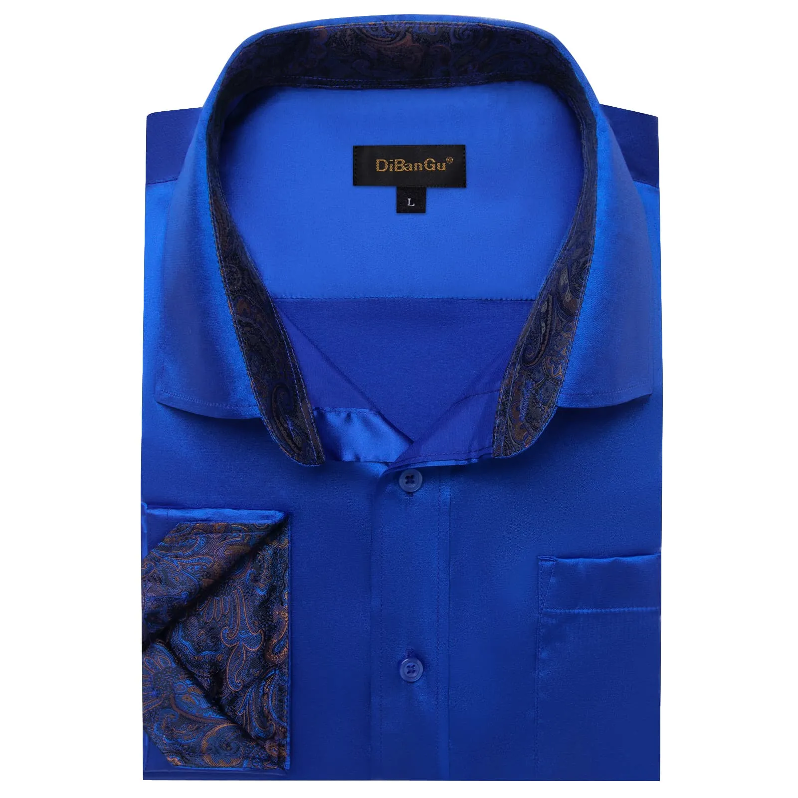 DiBanGu Collar Shirt Cerulean Blue Satin Splicing Solid Button Down Mens Shirt Design