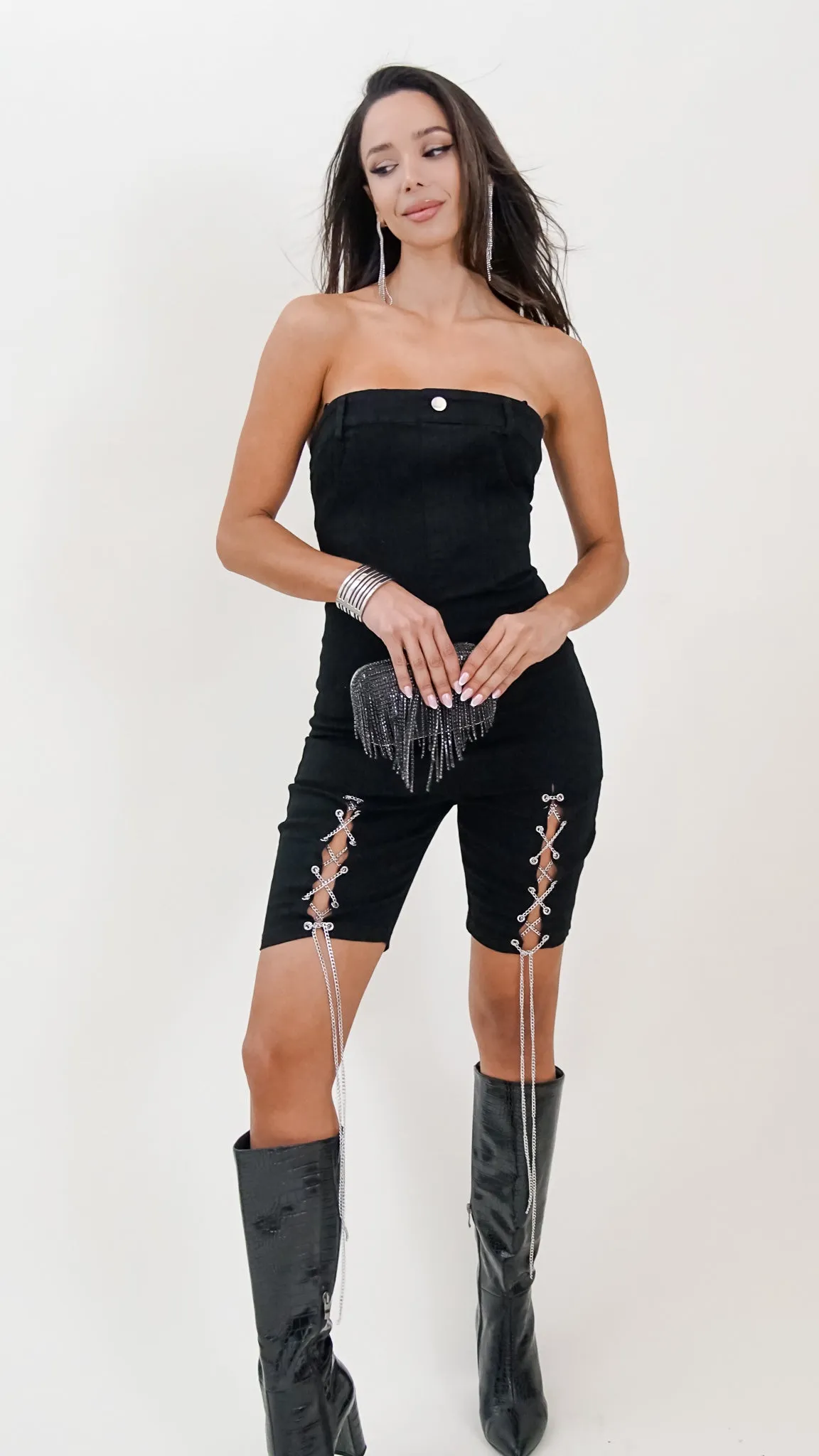 Esmeralda Off the Shoulder Denim Romper