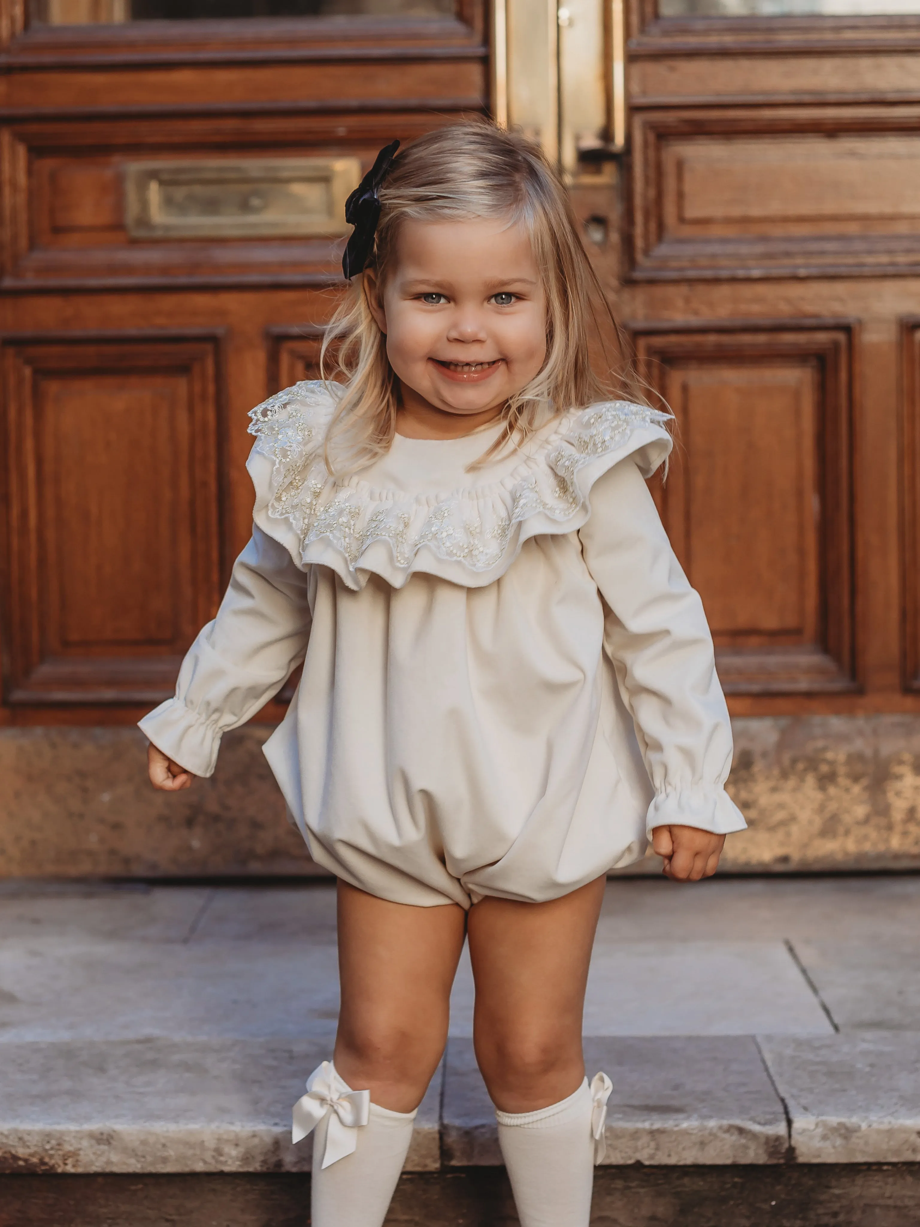 'Eve' Ivory velvet & gold lace romper