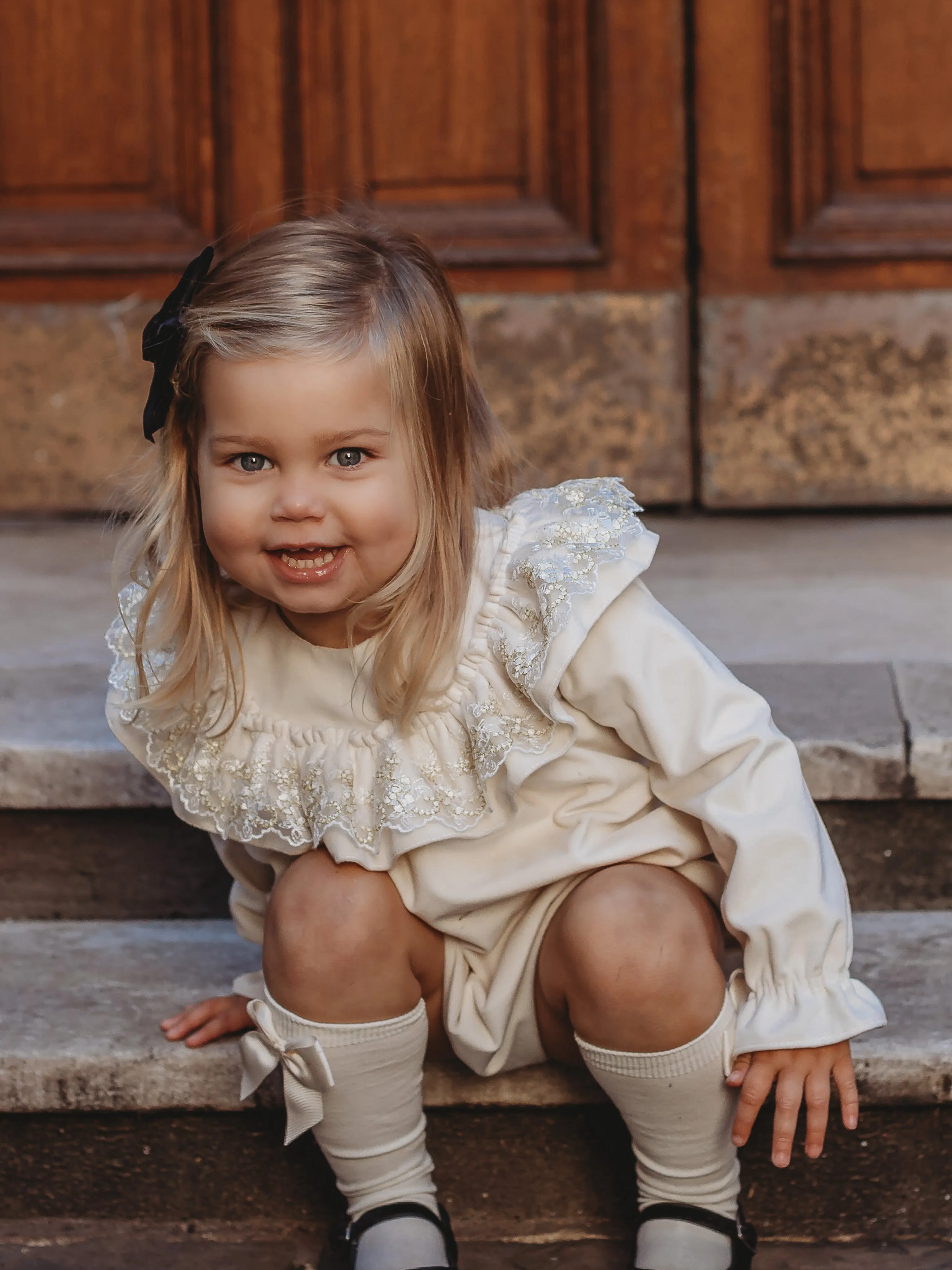 'Eve' Ivory velvet & gold lace romper