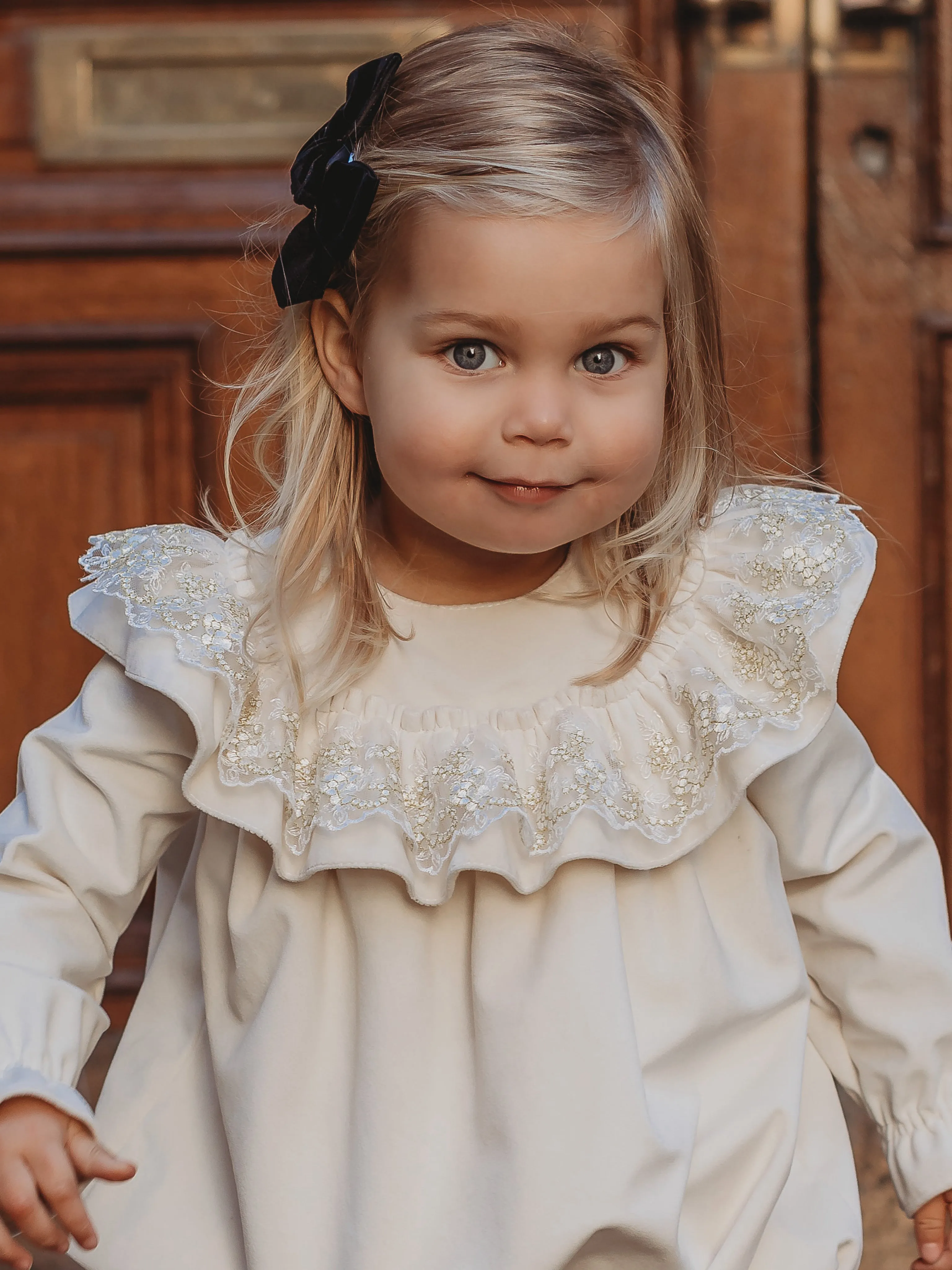 'Eve' Ivory velvet & gold lace romper
