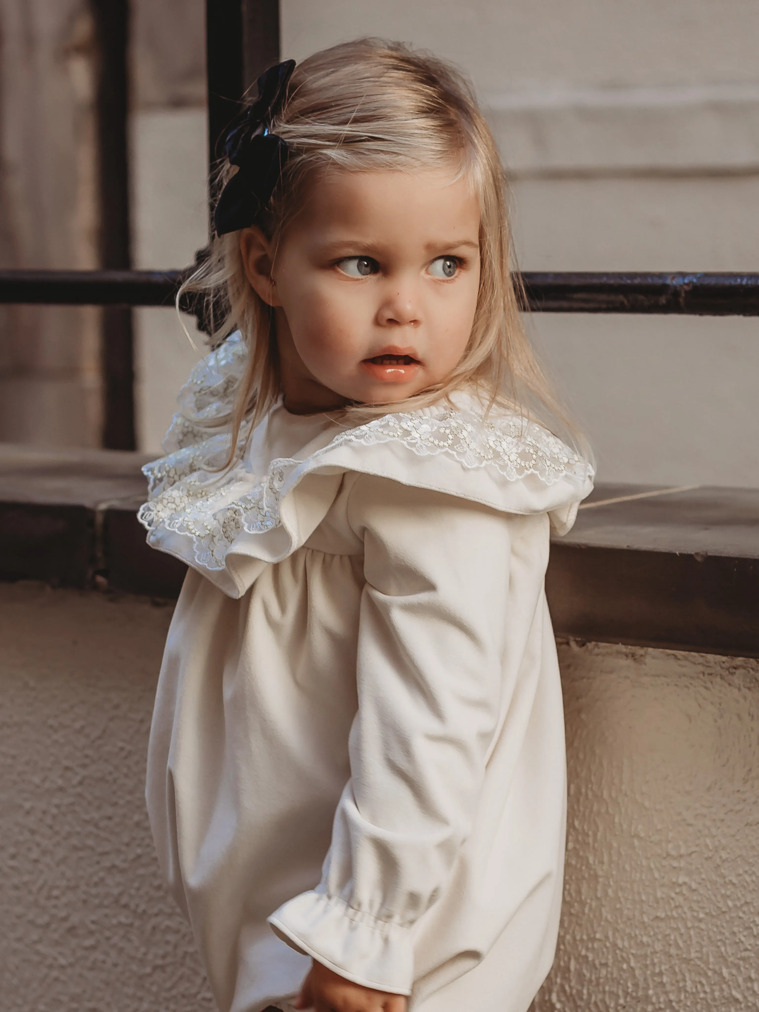 'Eve' Ivory velvet & gold lace romper
