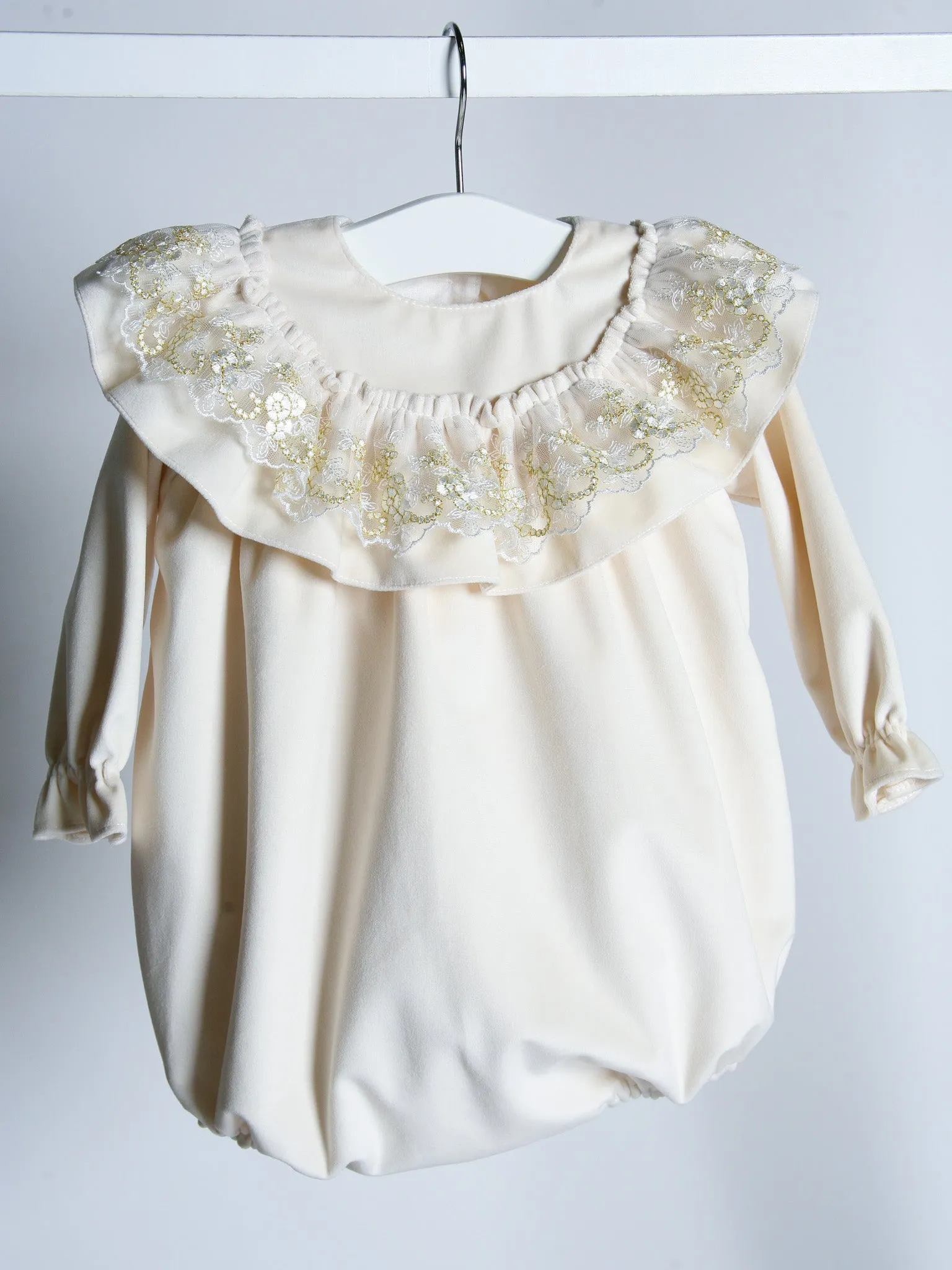 'Eve' Ivory velvet & gold lace romper