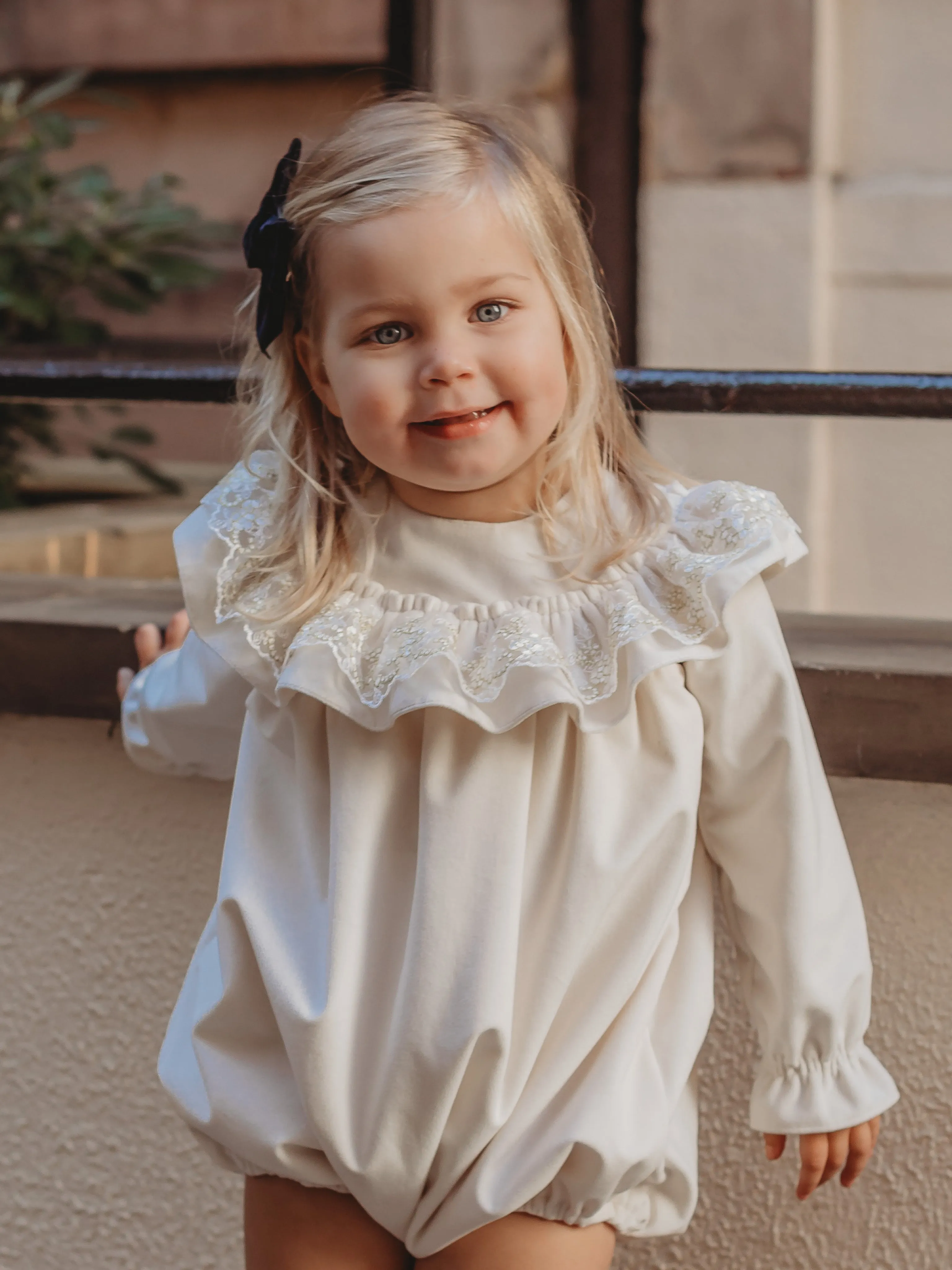 'Eve' Ivory velvet & gold lace romper