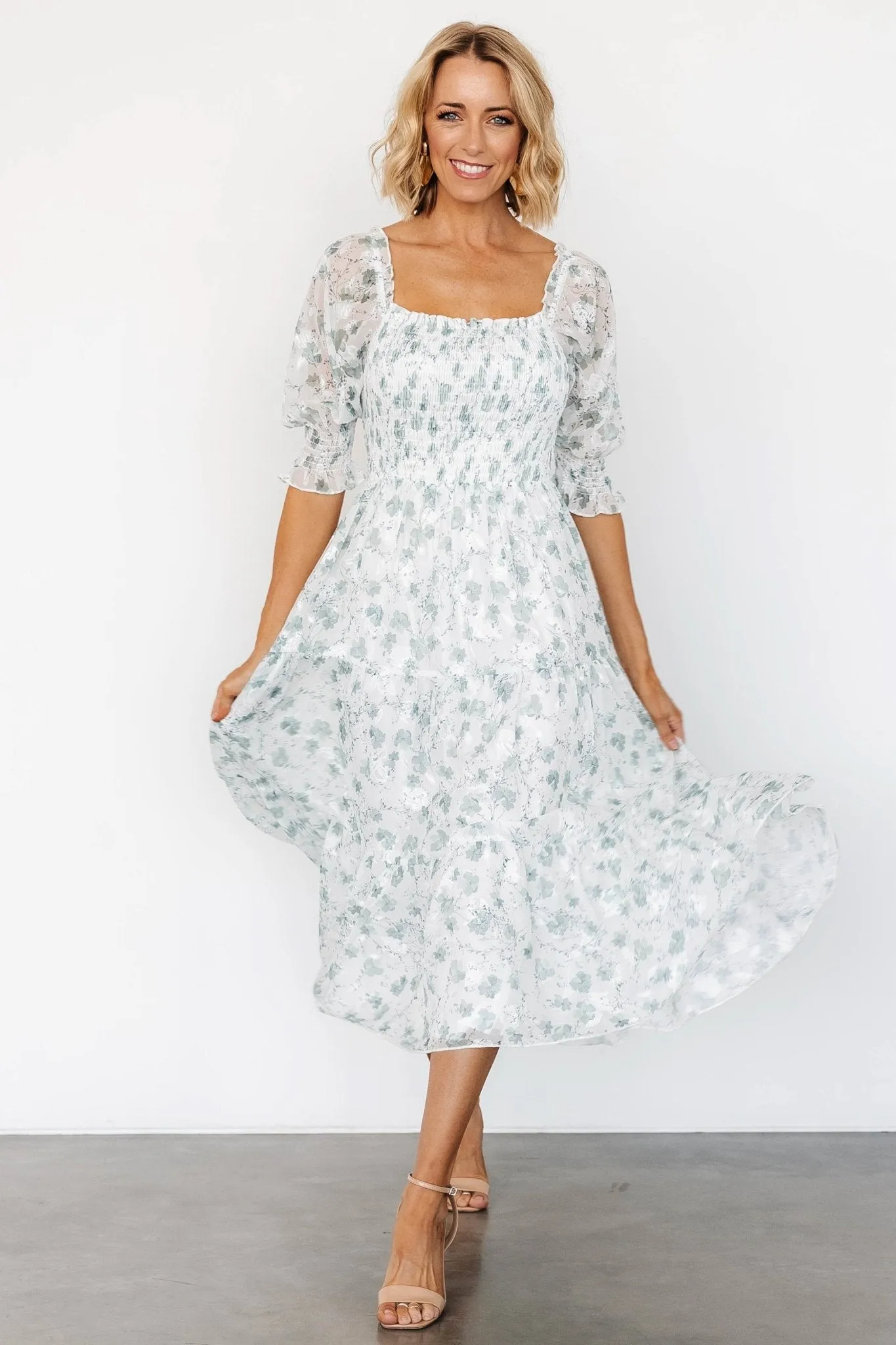 Fabian Jacquard Midi Dress | Off White   Sage Floral