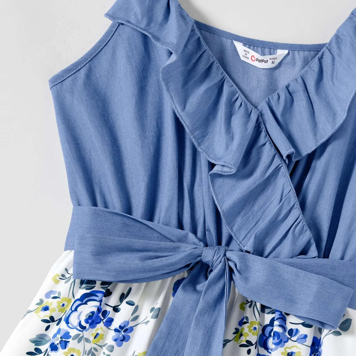Family Matching 100% Cotton Blue Short-sleeve Shirts and Floral Print Ruffle Trim Spliced Cami Dresses Sets
