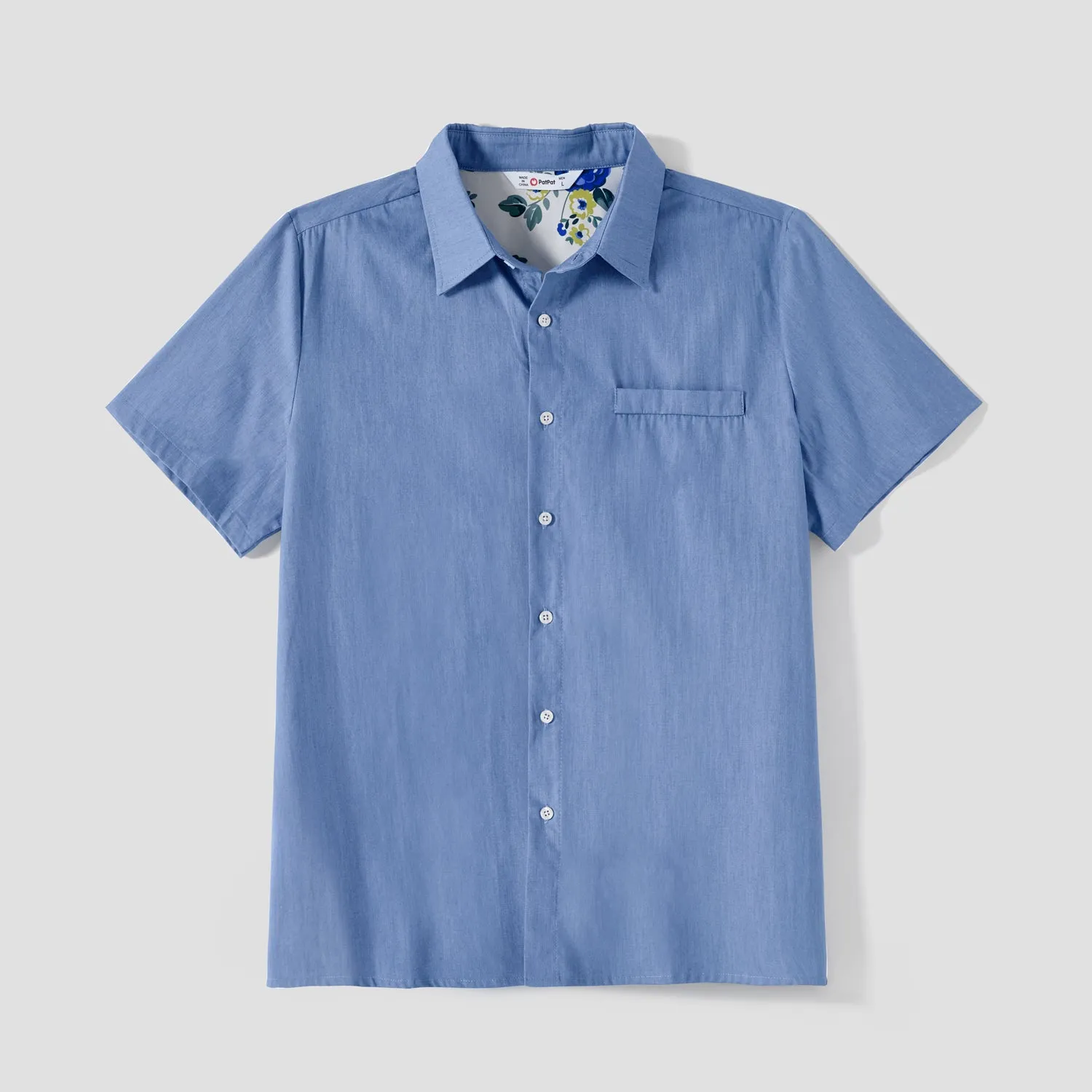 Family Matching 100% Cotton Blue Short-sleeve Shirts and Floral Print Ruffle Trim Spliced Cami Dresses Sets