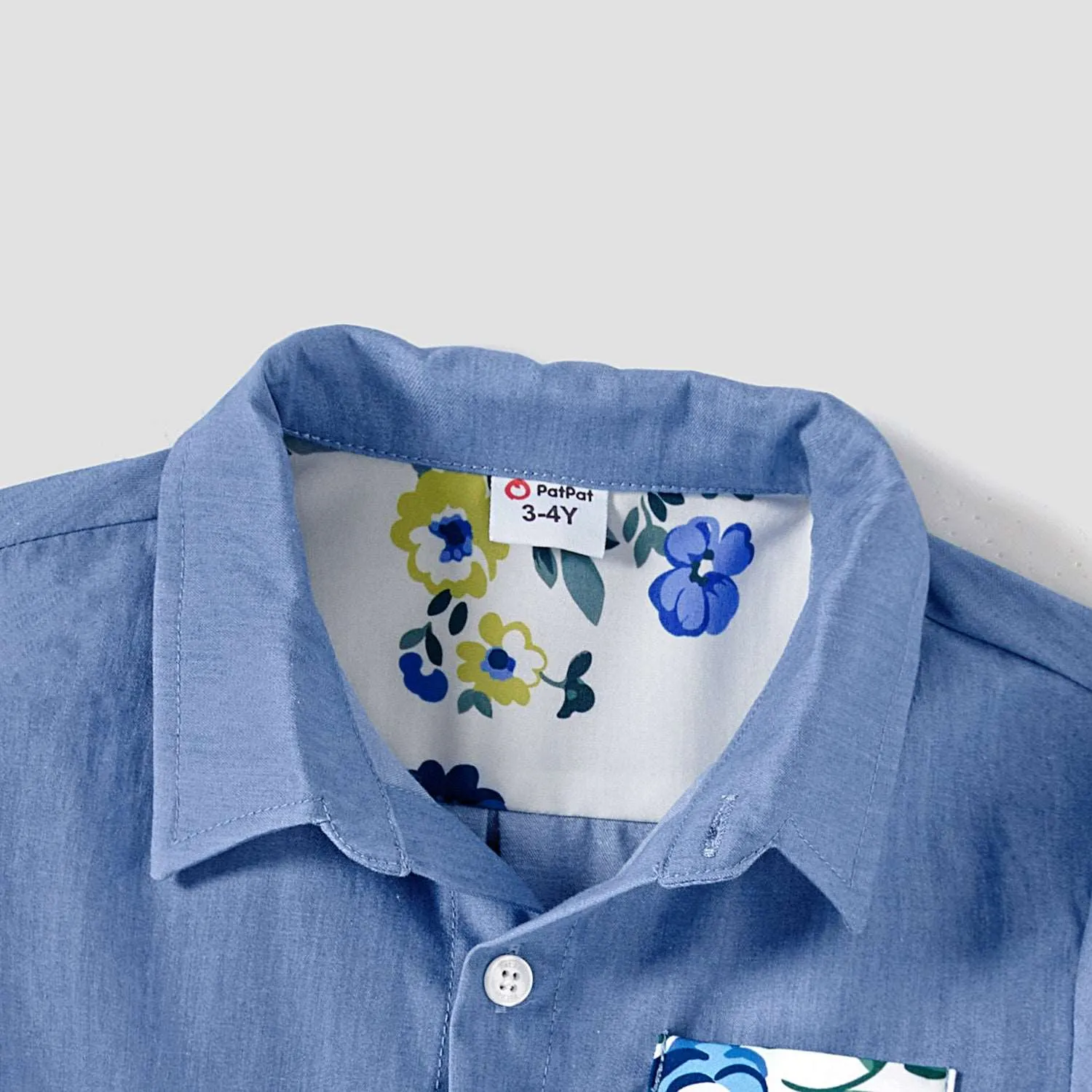 Family Matching 100% Cotton Blue Short-sleeve Shirts and Floral Print Ruffle Trim Spliced Cami Dresses Sets