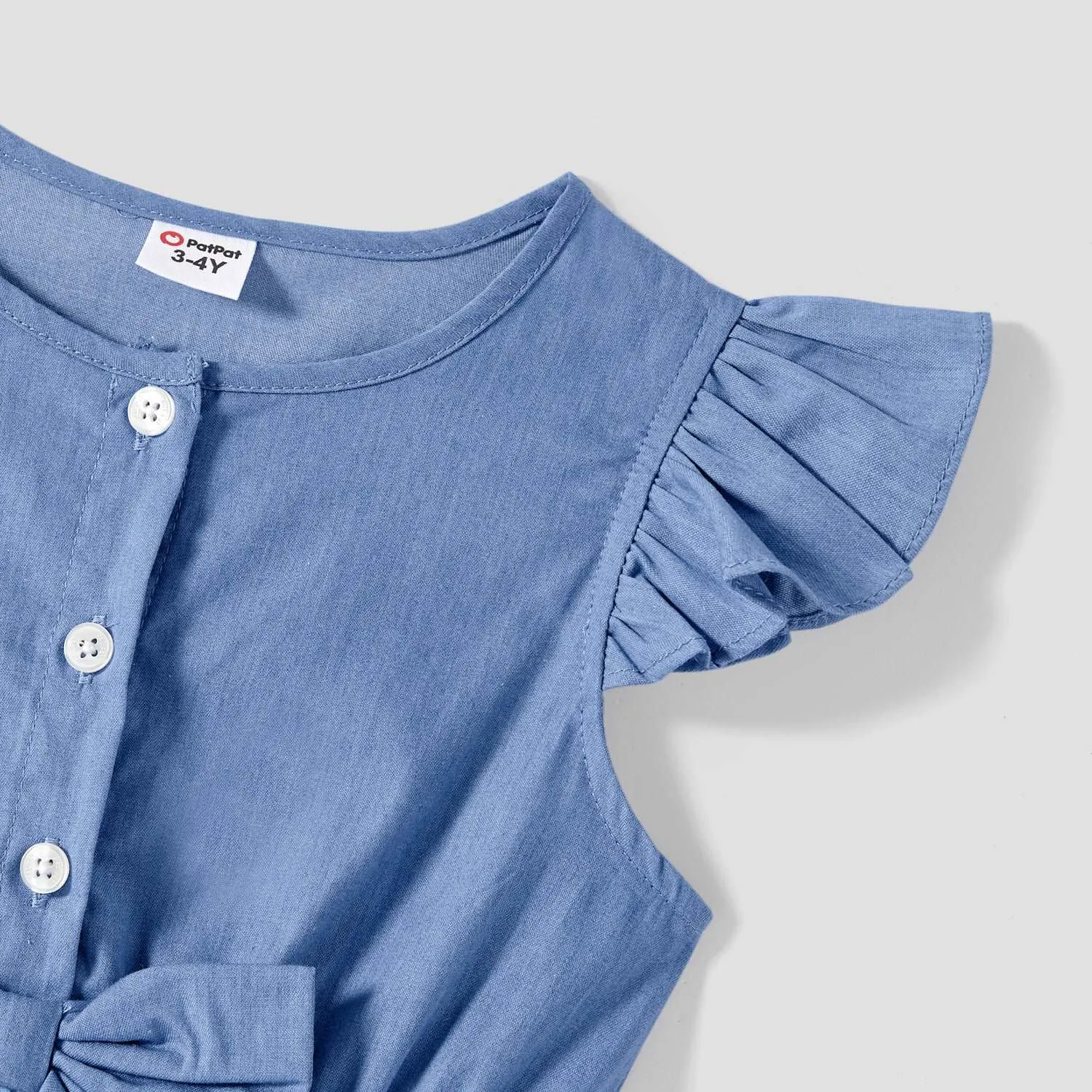 Family Matching 100% Cotton Blue Short-sleeve Shirts and Floral Print Ruffle Trim Spliced Cami Dresses Sets