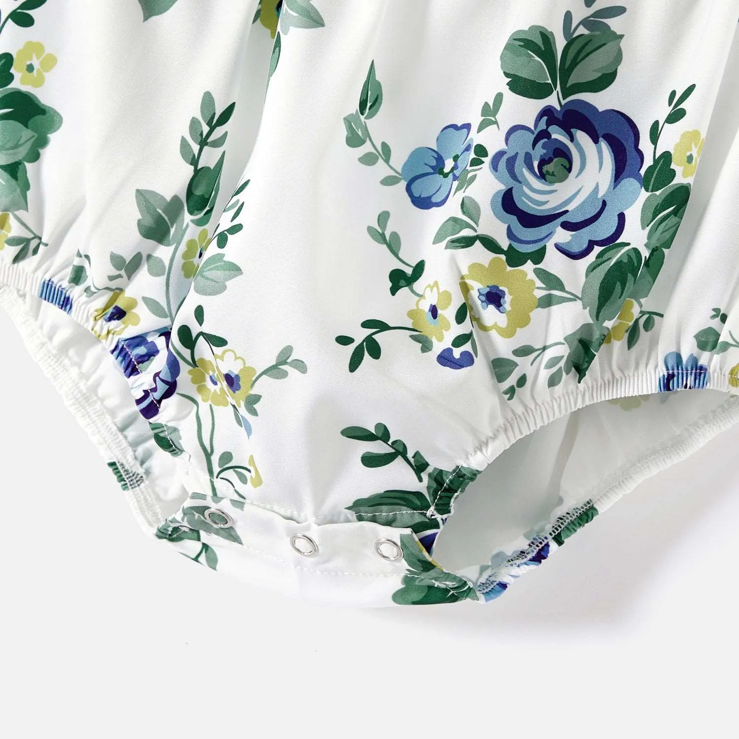 Family Matching 100% Cotton Blue Short-sleeve Shirts and Floral Print Ruffle Trim Spliced Cami Dresses Sets