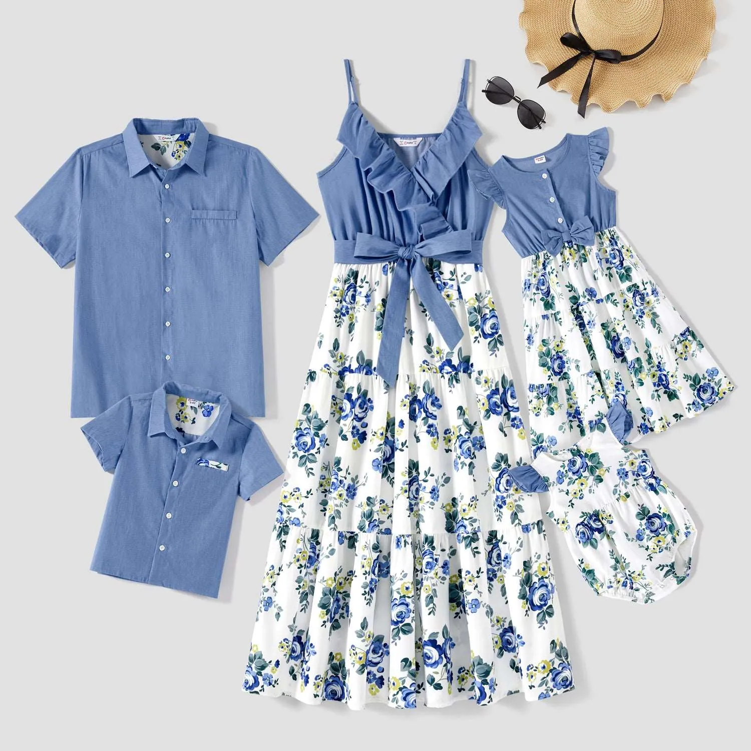 Family Matching 100% Cotton Blue Short-sleeve Shirts and Floral Print Ruffle Trim Spliced Cami Dresses Sets