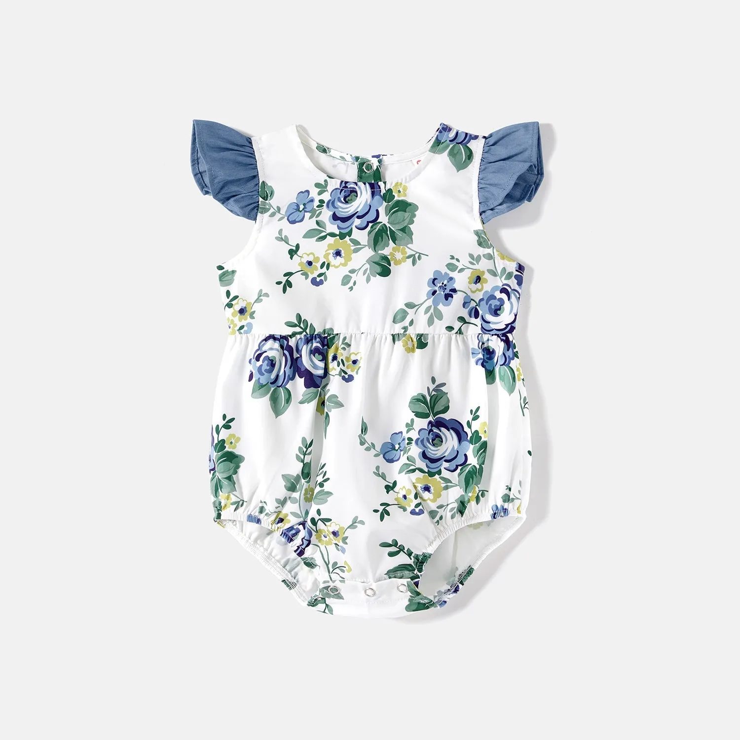 Family Matching 100% Cotton Blue Short-sleeve Shirts and Floral Print Ruffle Trim Spliced Cami Dresses Sets