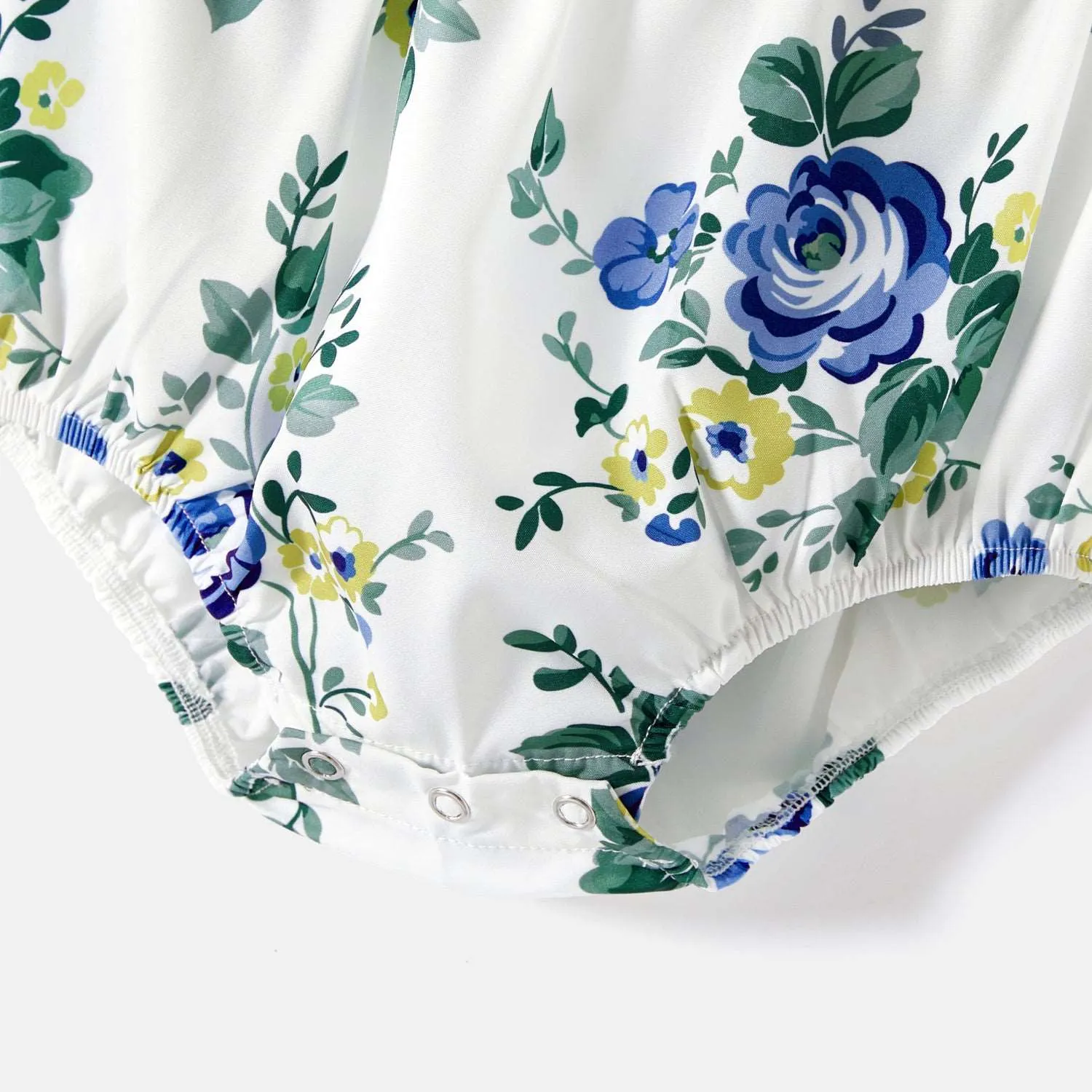 Family Matching 100% Cotton Blue Short-sleeve Shirts and Floral Print Ruffle Trim Spliced Cami Dresses Sets