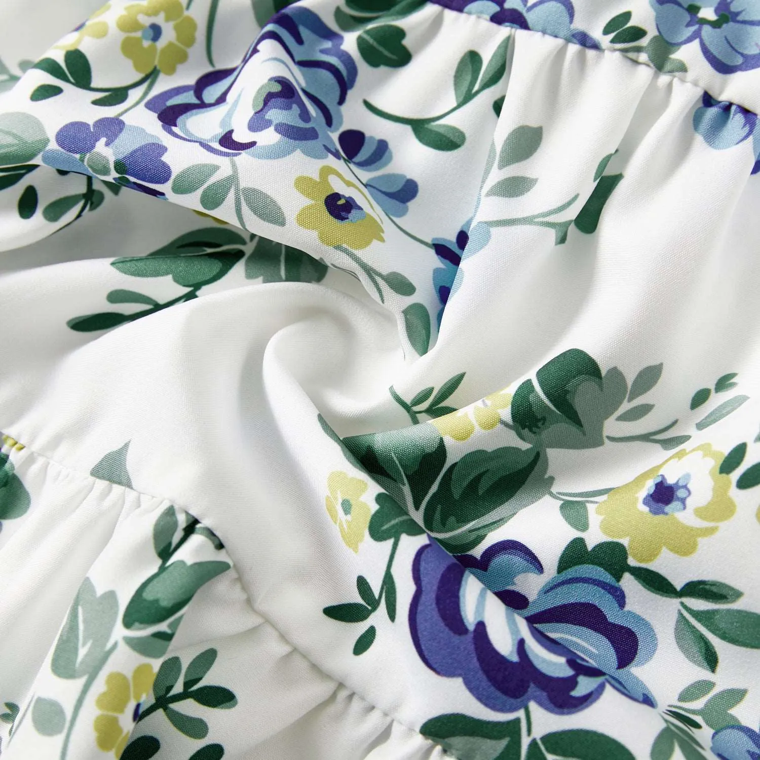Family Matching 100% Cotton Blue Short-sleeve Shirts and Floral Print Ruffle Trim Spliced Cami Dresses Sets
