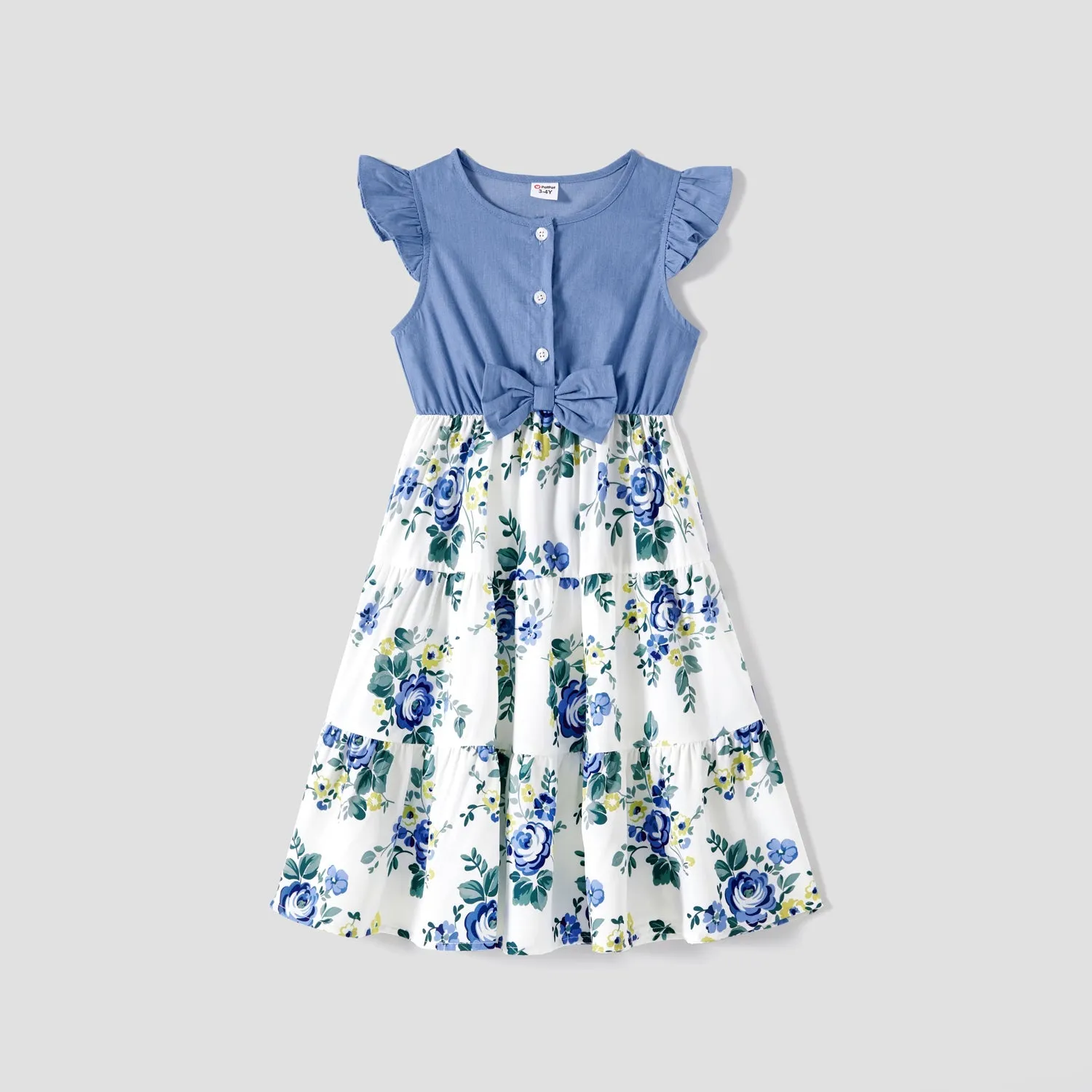 Family Matching 100% Cotton Blue Short-sleeve Shirts and Floral Print Ruffle Trim Spliced Cami Dresses Sets