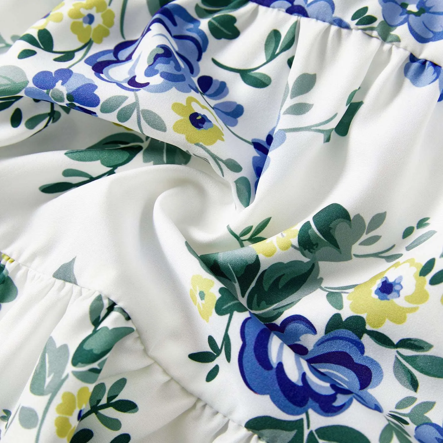 Family Matching 100% Cotton Blue Short-sleeve Shirts and Floral Print Ruffle Trim Spliced Cami Dresses Sets