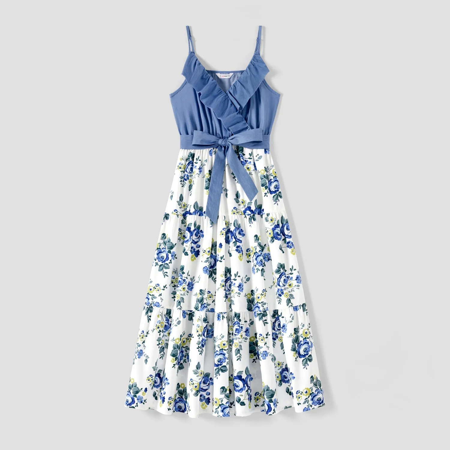 Family Matching 100% Cotton Blue Short-sleeve Shirts and Floral Print Ruffle Trim Spliced Cami Dresses Sets