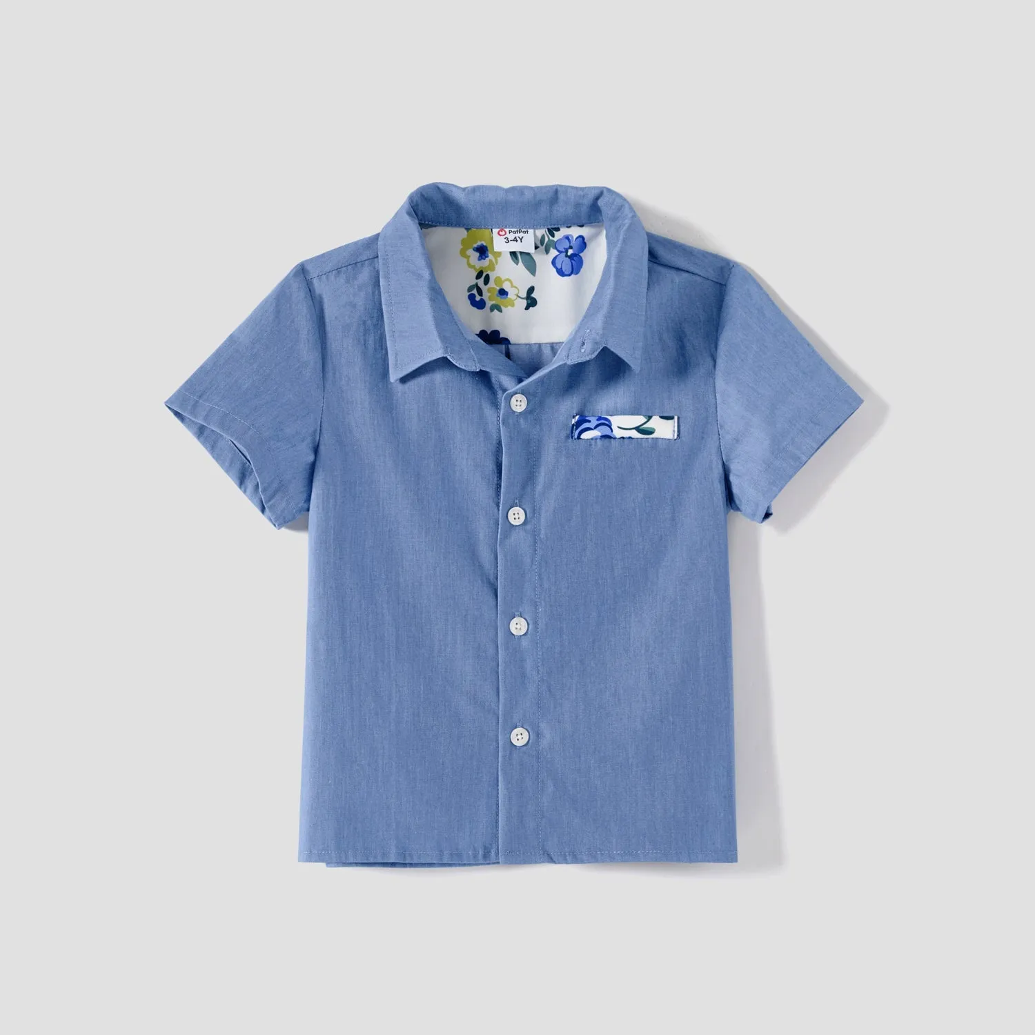 Family Matching 100% Cotton Blue Short-sleeve Shirts and Floral Print Ruffle Trim Spliced Cami Dresses Sets