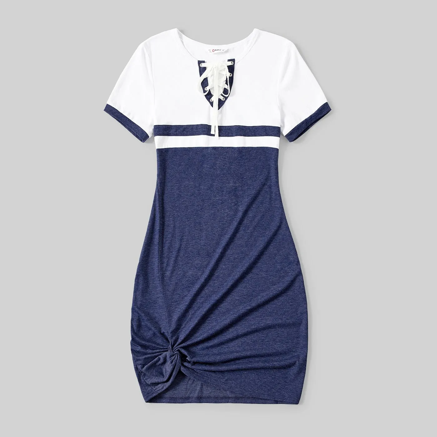 Family Matching Colorblock Lace-up V Neck Short-sleeve Twisk Knot Bodycon Dresses and T-shirts Sets