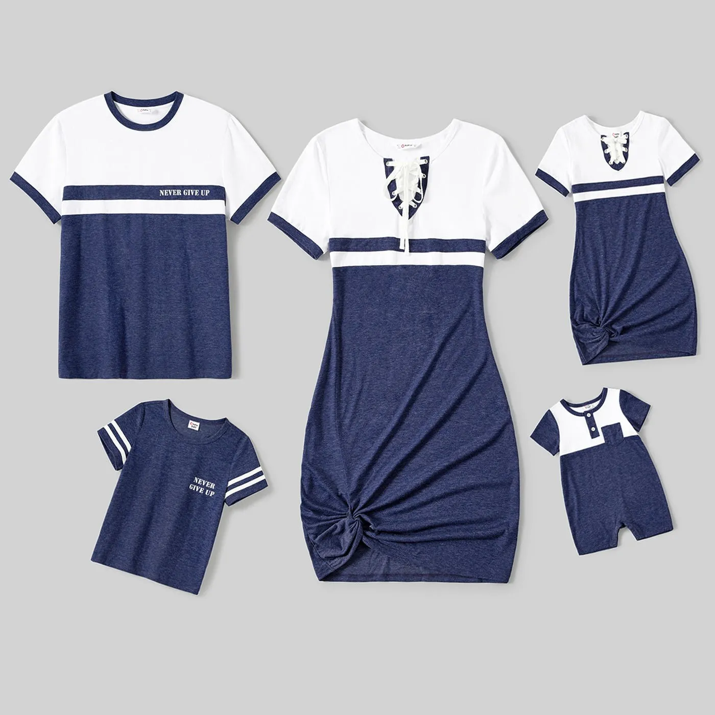Family Matching Colorblock Lace-up V Neck Short-sleeve Twisk Knot Bodycon Dresses and T-shirts Sets