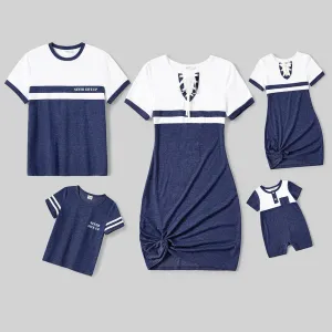 Family Matching Colorblock Lace-up V Neck Short-sleeve Twisk Knot Bodycon Dresses and T-shirts Sets