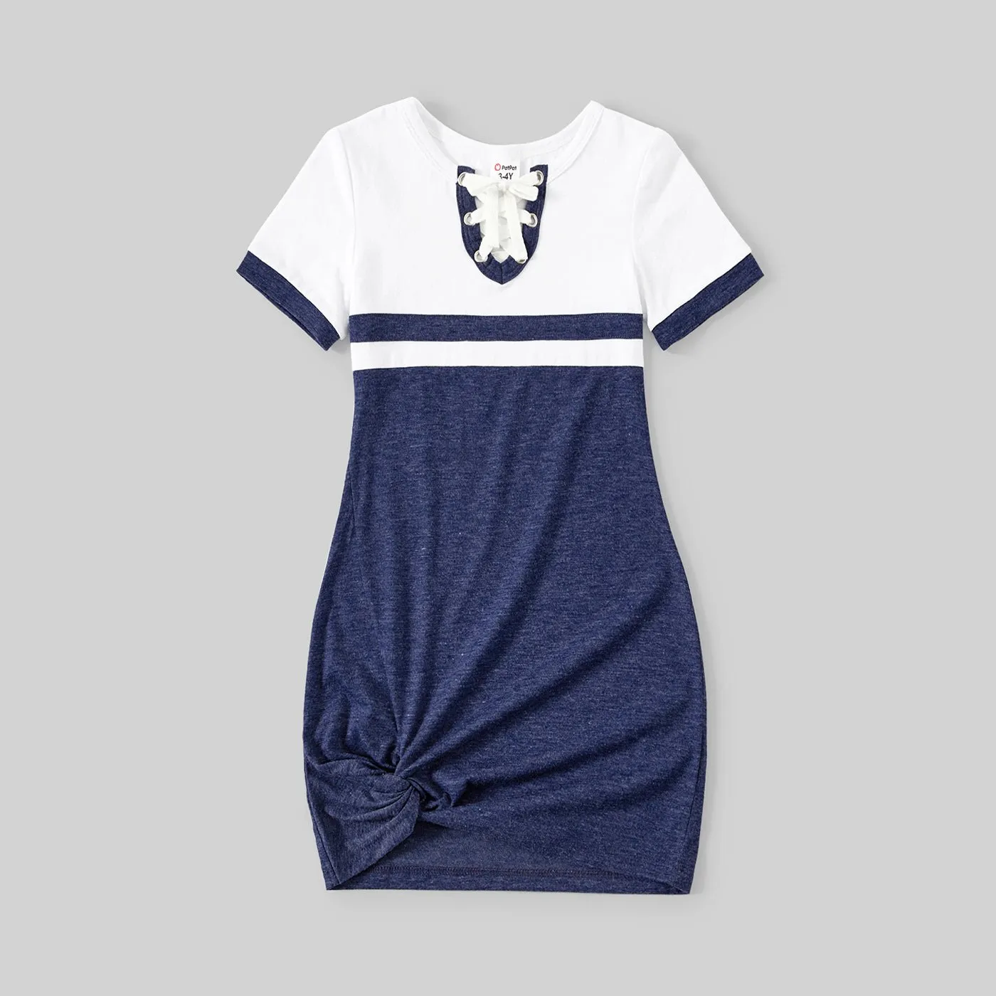 Family Matching Colorblock Lace-up V Neck Short-sleeve Twisk Knot Bodycon Dresses and T-shirts Sets