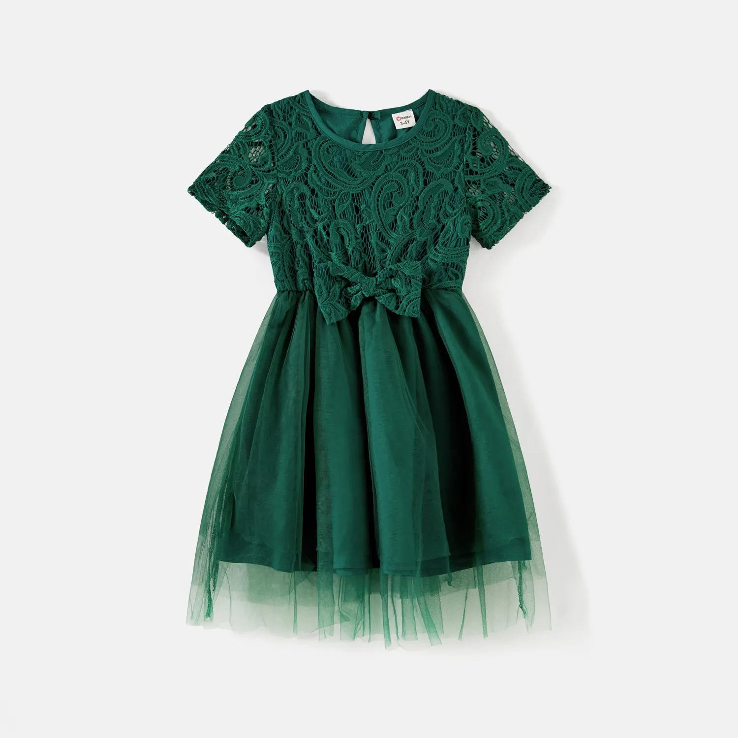 Family Matching Green Lace Spliced Dresses and Short-sleeve Colorblock Polo Shirts Sets