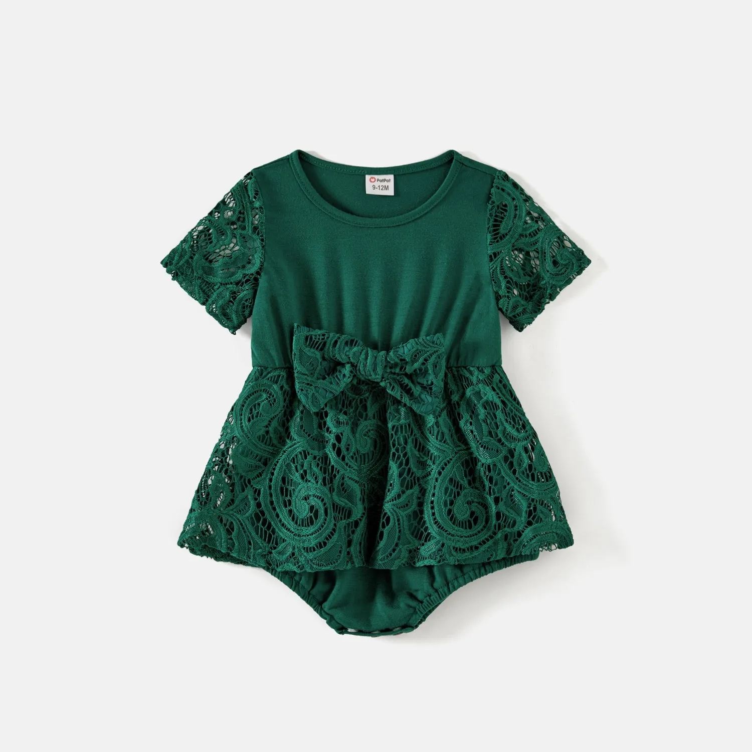 Family Matching Green Lace Spliced Dresses and Short-sleeve Colorblock Polo Shirts Sets