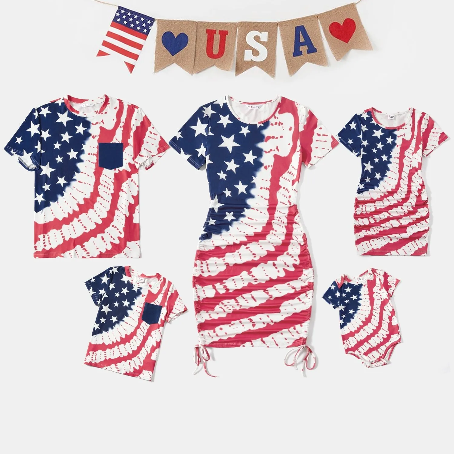 Family Matching Outfits Independence Day Drawstring Short-Sleeve Bodycon and T-Shirts