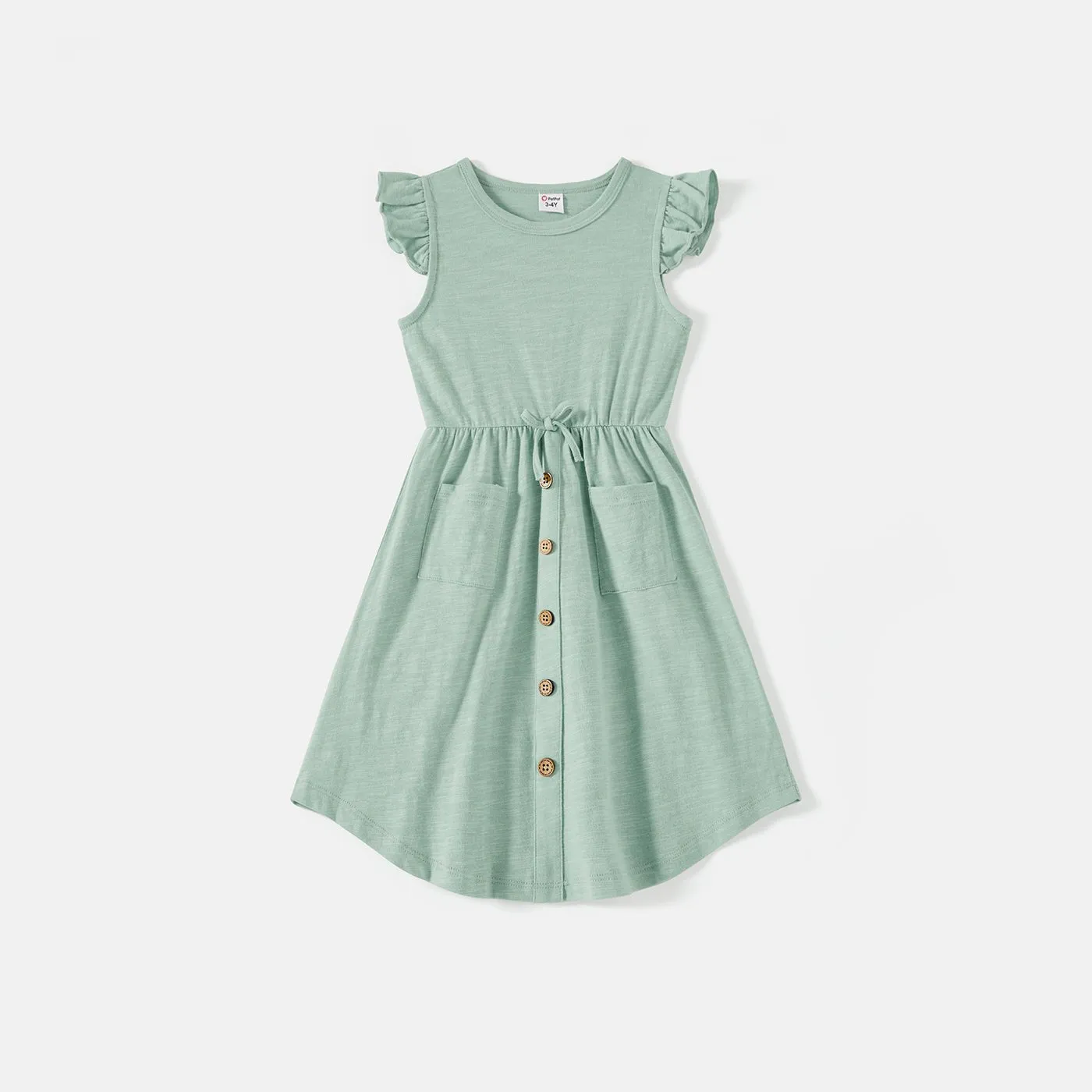 Family Matching Solid Cotton Button Front Drawstring Tank Dresses and Short-sleeve Colorblock T-shirts Sets