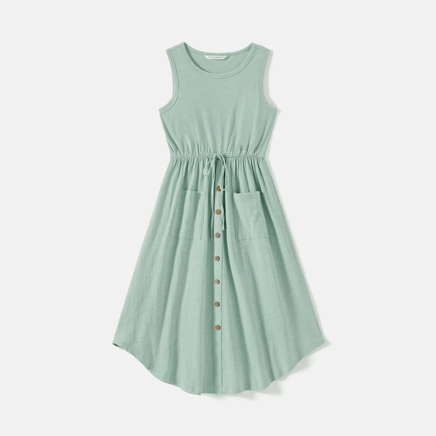 Family Matching Solid Cotton Button Front Drawstring Tank Dresses and Short-sleeve Colorblock T-shirts Sets