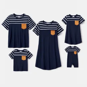 Family Matching Striped Spliced Dresses and Short-sleeve T-shirts Sets