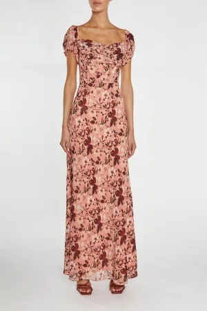 Francesca Peach-Burgundy Floral Cowl-Neck Corset Maxi-Dress