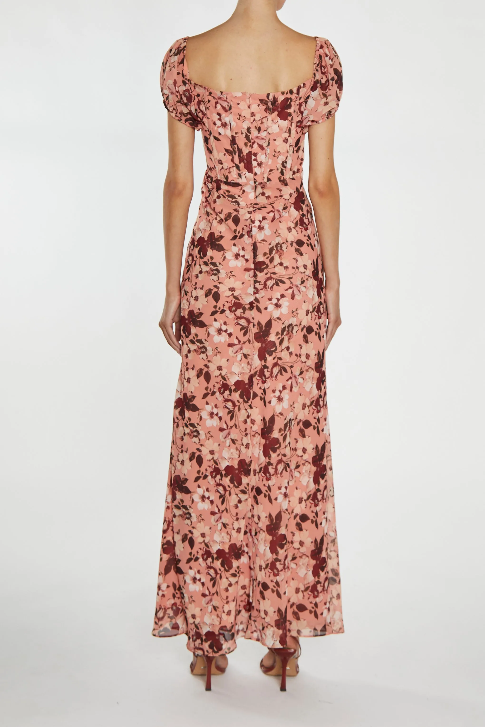 Francesca Peach-Burgundy Floral Cowl-Neck Corset Maxi-Dress