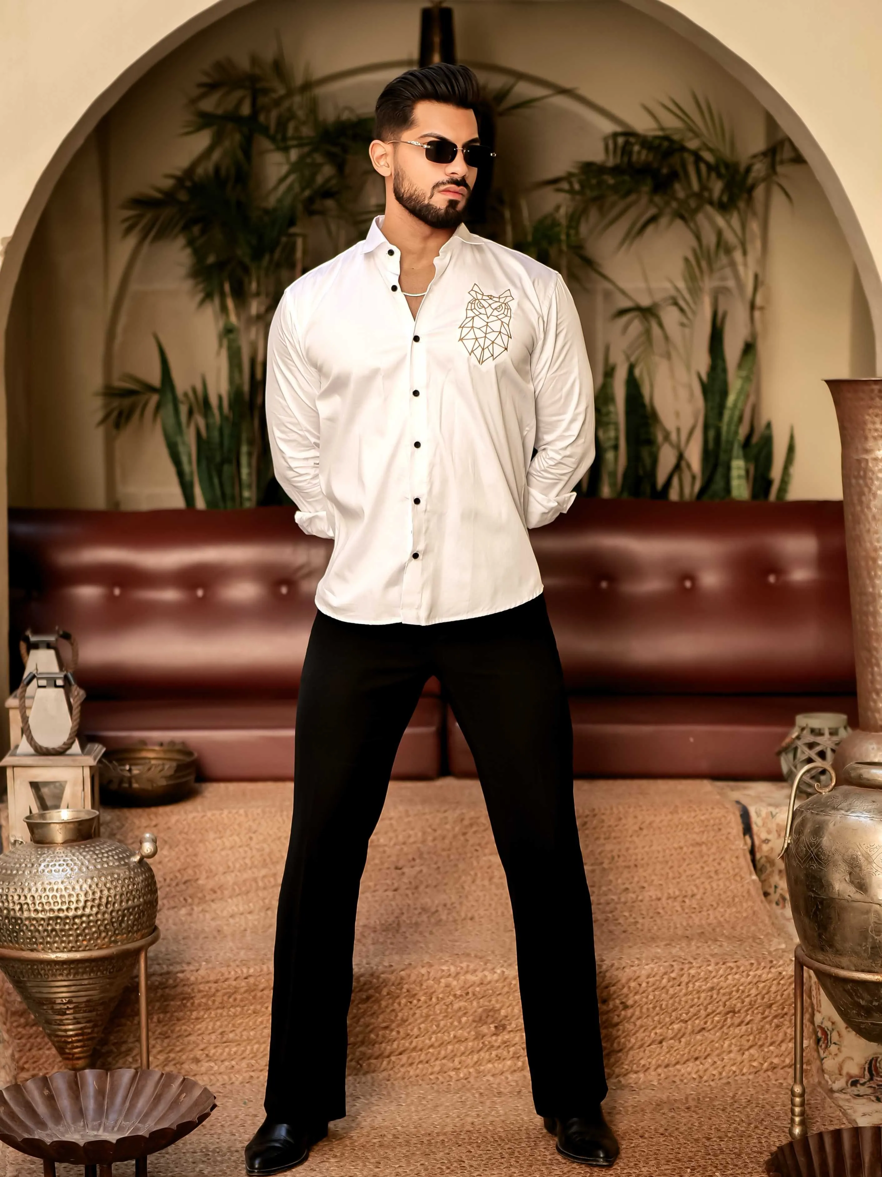 Geometric owl White Golden Embroidered Club Wear Satin Cotton Shirt
