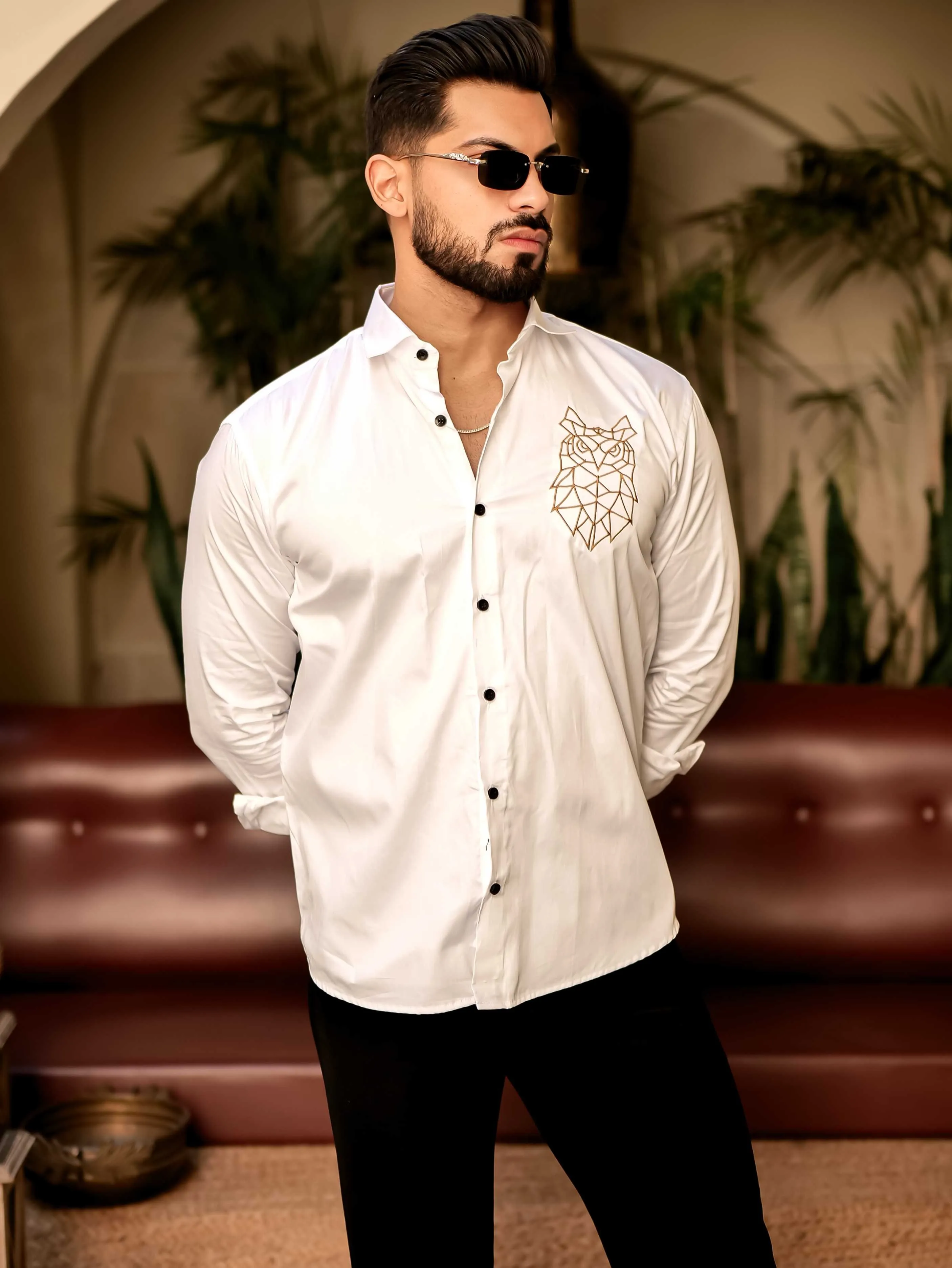 Geometric owl White Golden Embroidered Club Wear Satin Cotton Shirt