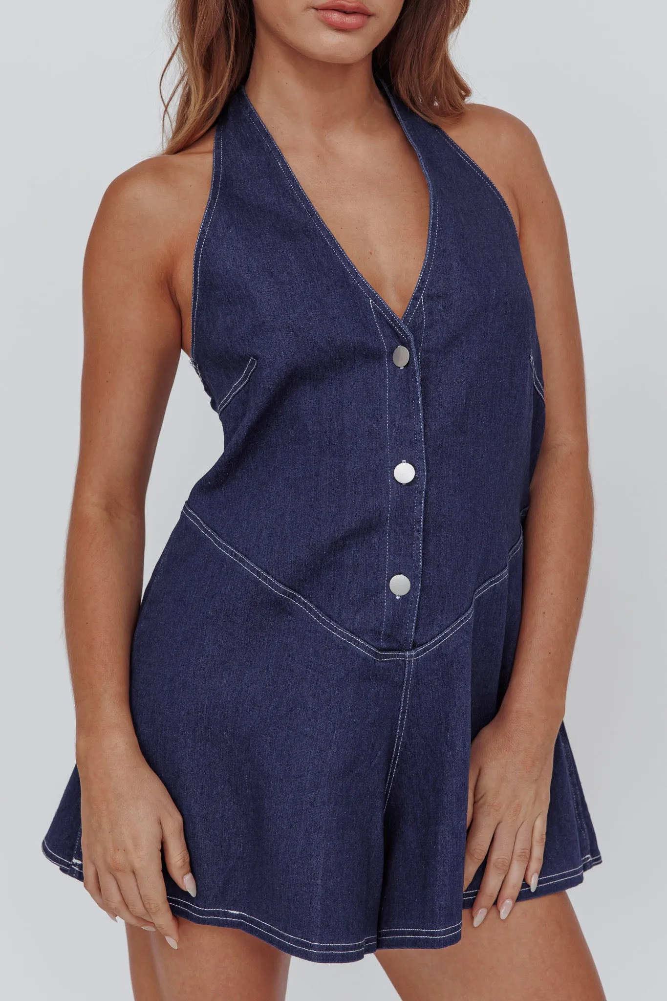 Glowing Halterneck Romper Dark Denim