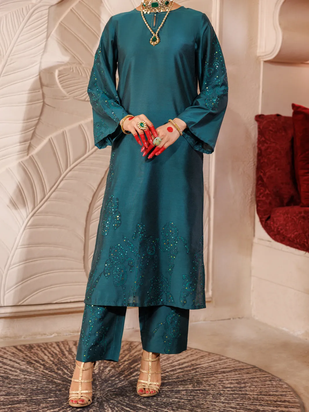 Green Raw Silk 2 Piece Formal Stitched - AL-LS-LKS-479