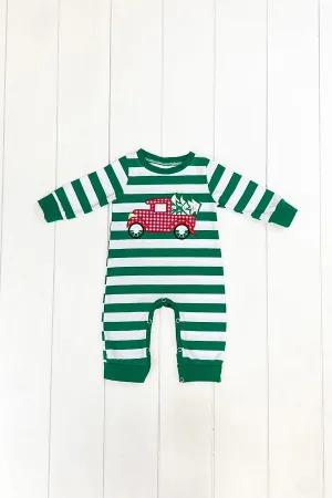 Green Stripe Christmas Truck Romper