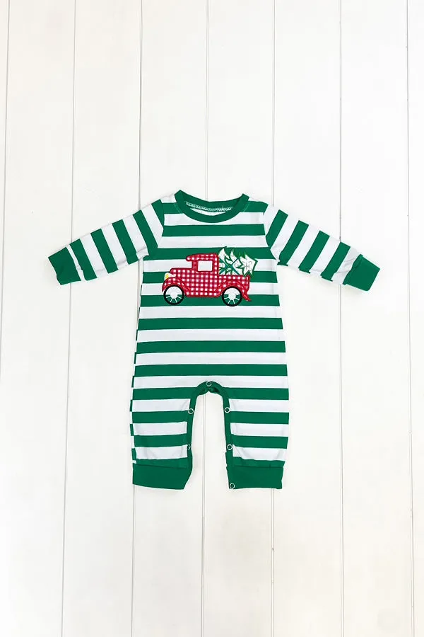 Green Stripe Christmas Truck Romper